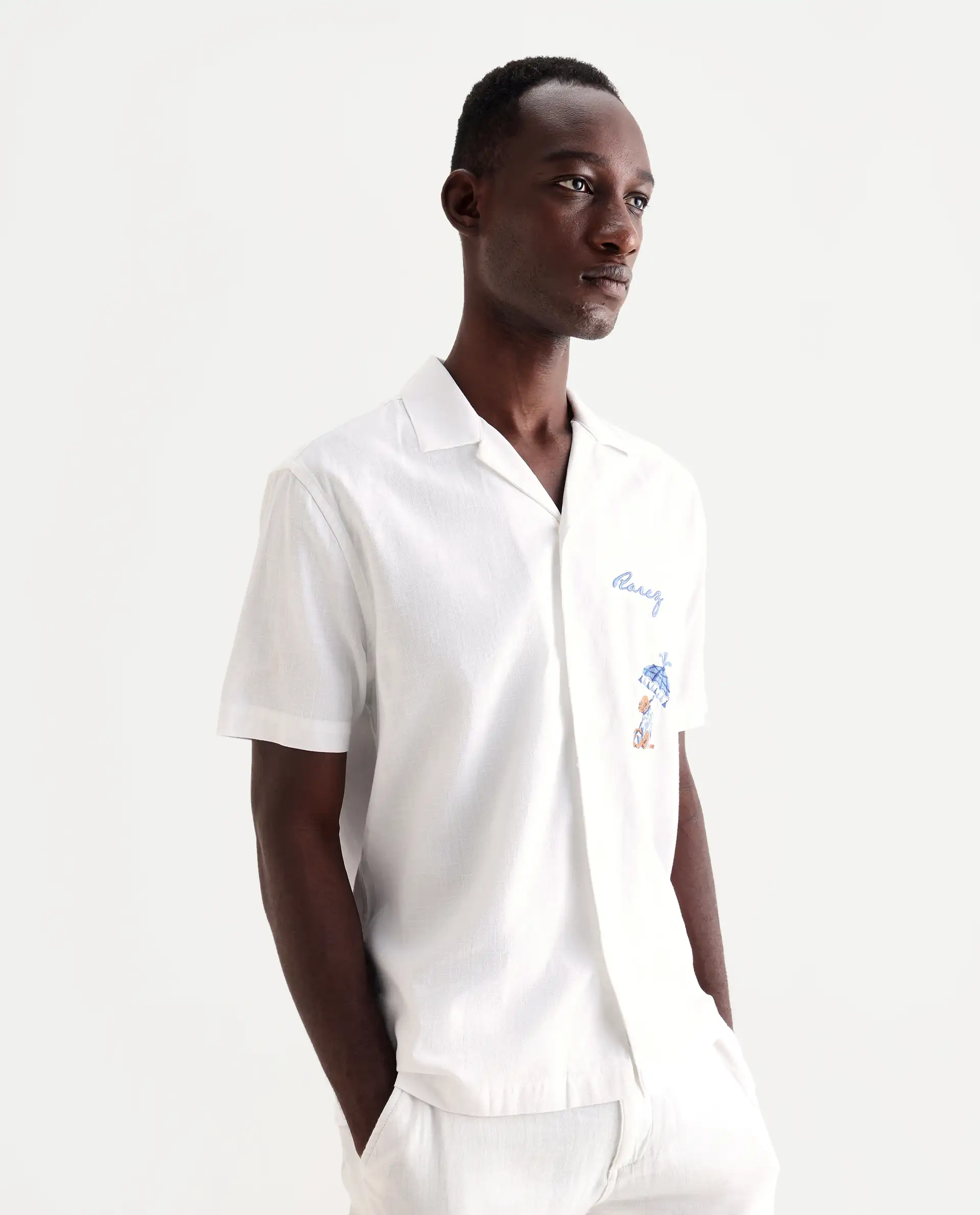 Rare Rabbit Men's Quentin White Embroidered Relaxed Fit Half Sleeve Cuban Collar Shirt - Image 7
