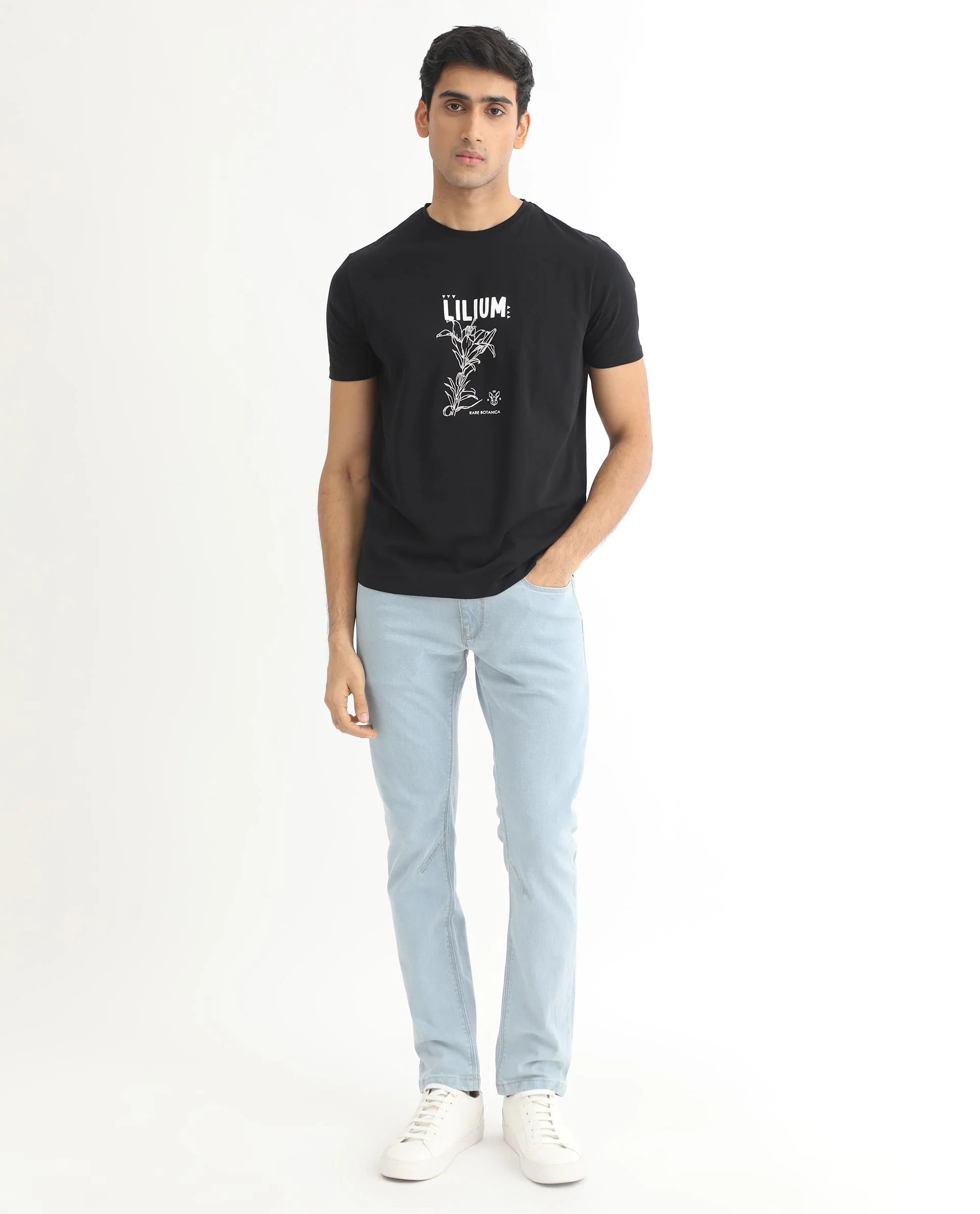 Rare Rabbit Men's Quet Black Cotton Graphic Print Slim Fit Half Sleeve Crew Neck T-Shirt - Image 3