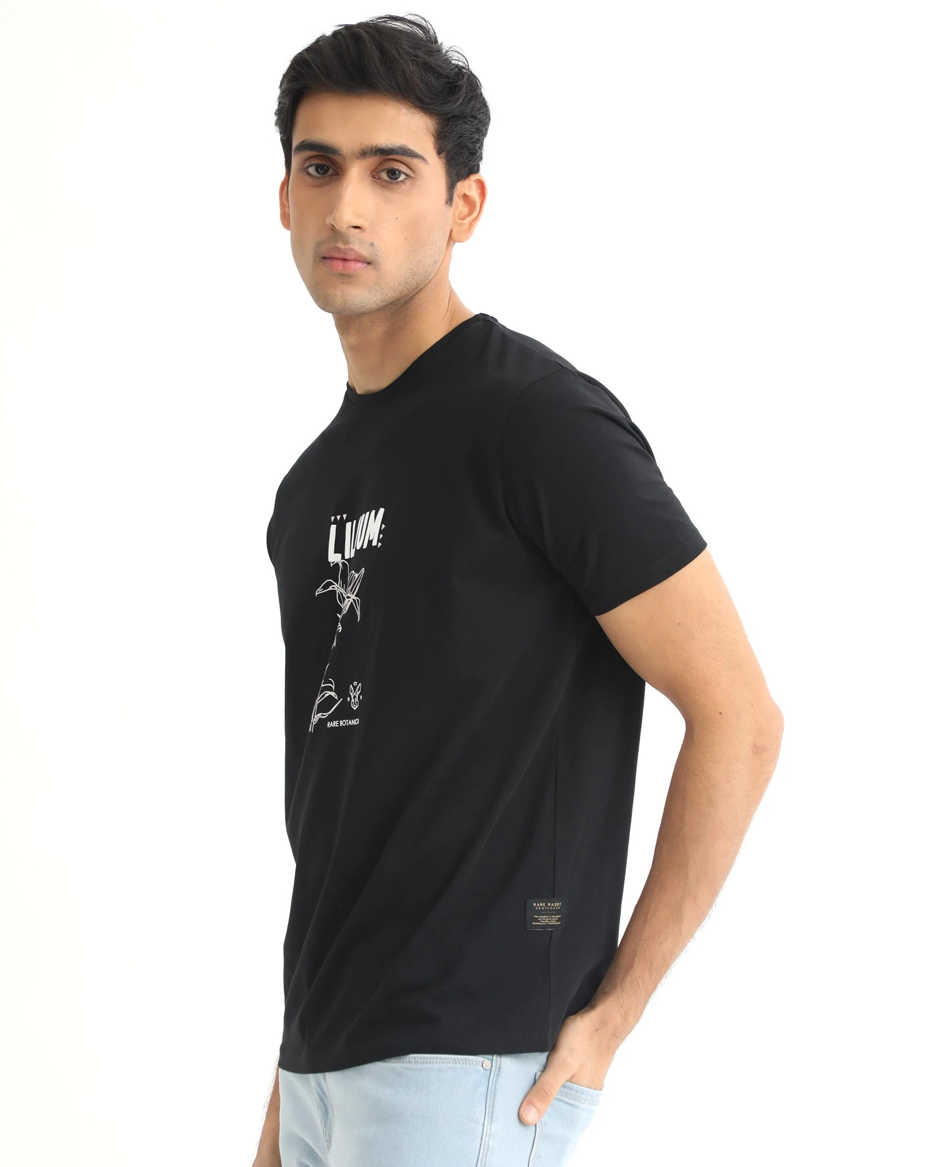 Rare Rabbit Men's Quet Black Cotton Graphic Print Slim Fit Half Sleeve Crew Neck T-Shirt - Image 6