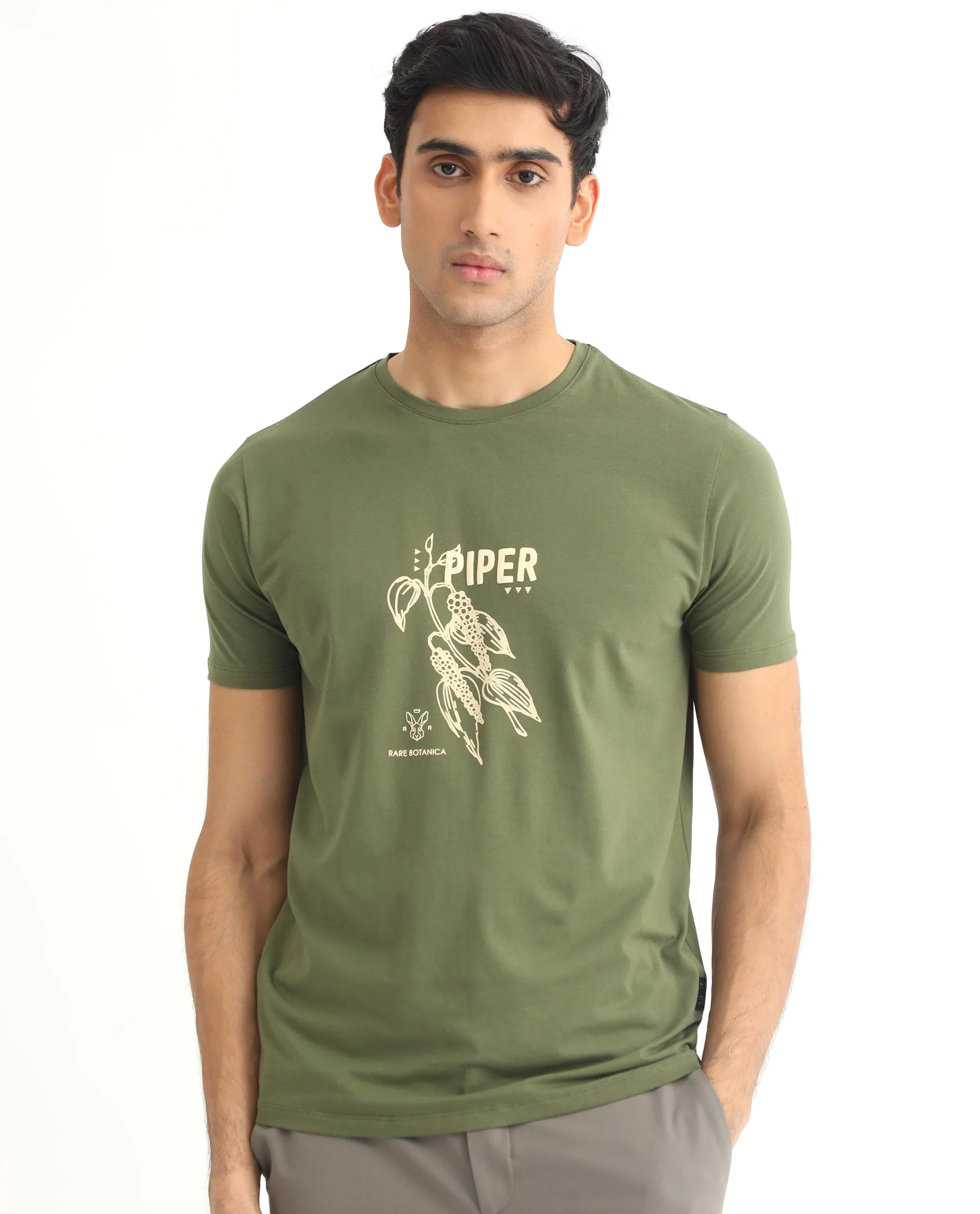 Rare Rabbit Men's Quet Olive Cotton Graphic Print Slim Fit Half Sleeve Crew Neck T-Shirt - Image 2