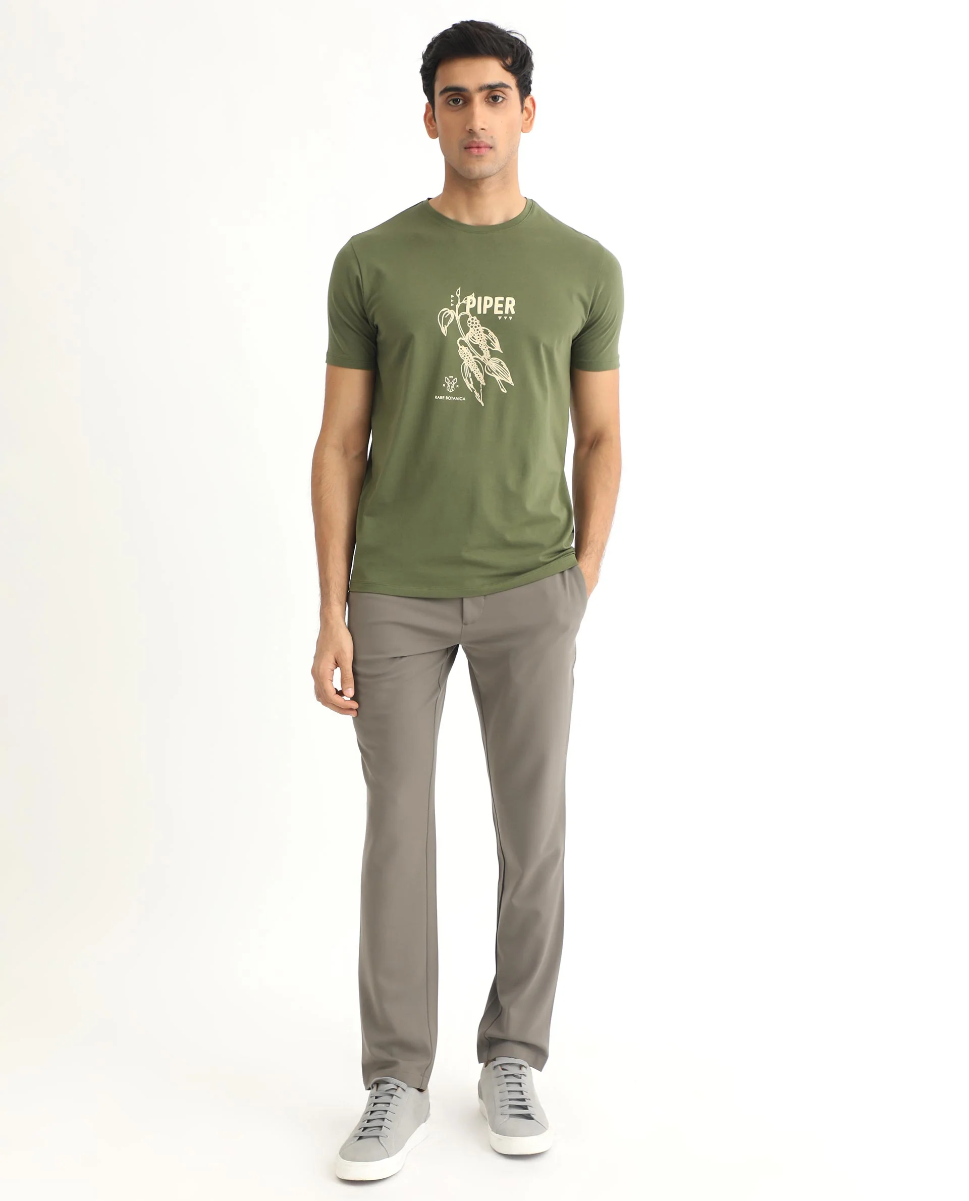 Rare Rabbit Men's Quet Olive Cotton Graphic Print Slim Fit Half Sleeve Crew Neck T-Shirt - Image 4