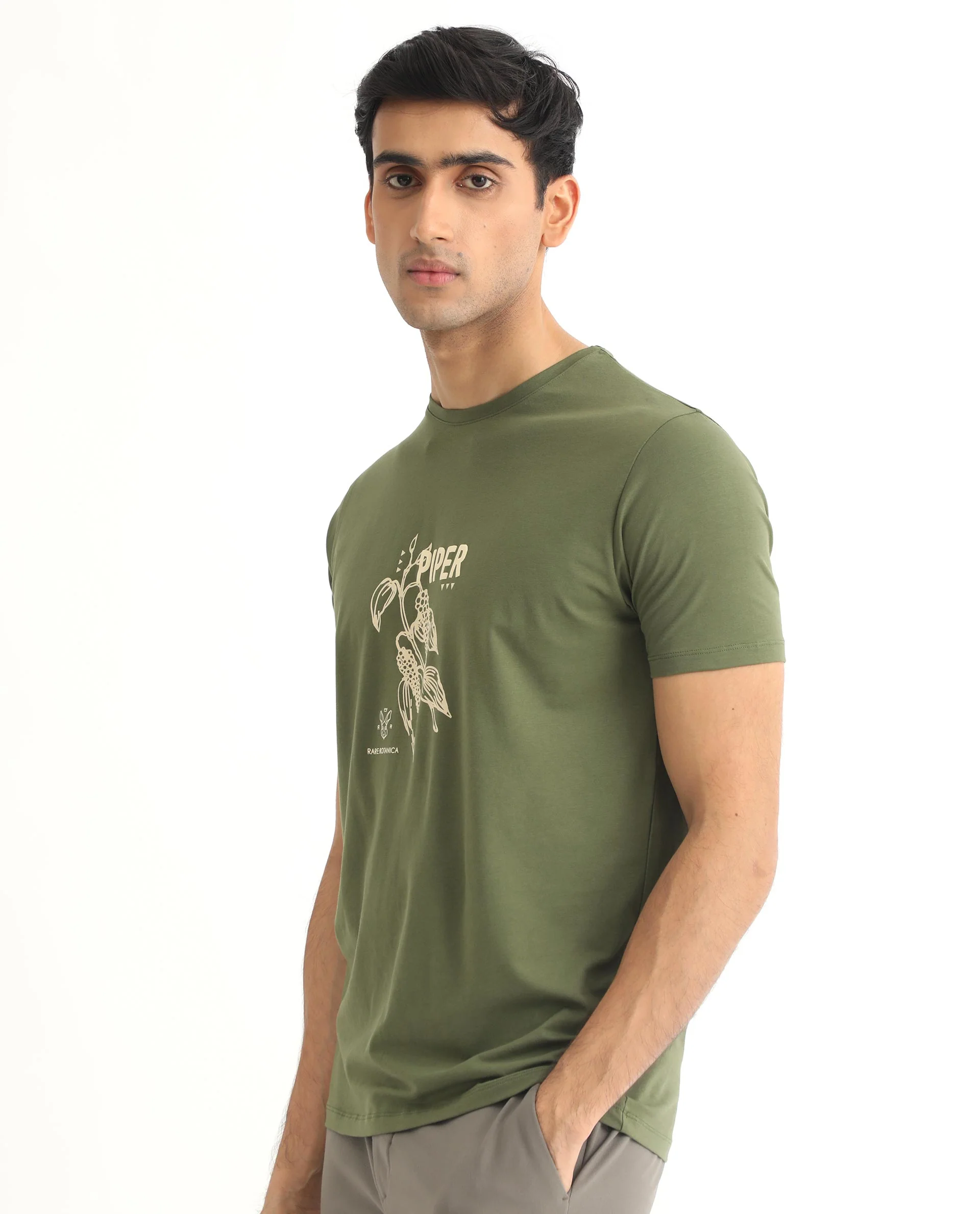 Rare Rabbit Men's Quet Olive Cotton Graphic Print Slim Fit Half Sleeve Crew Neck T-Shirt - Image 5