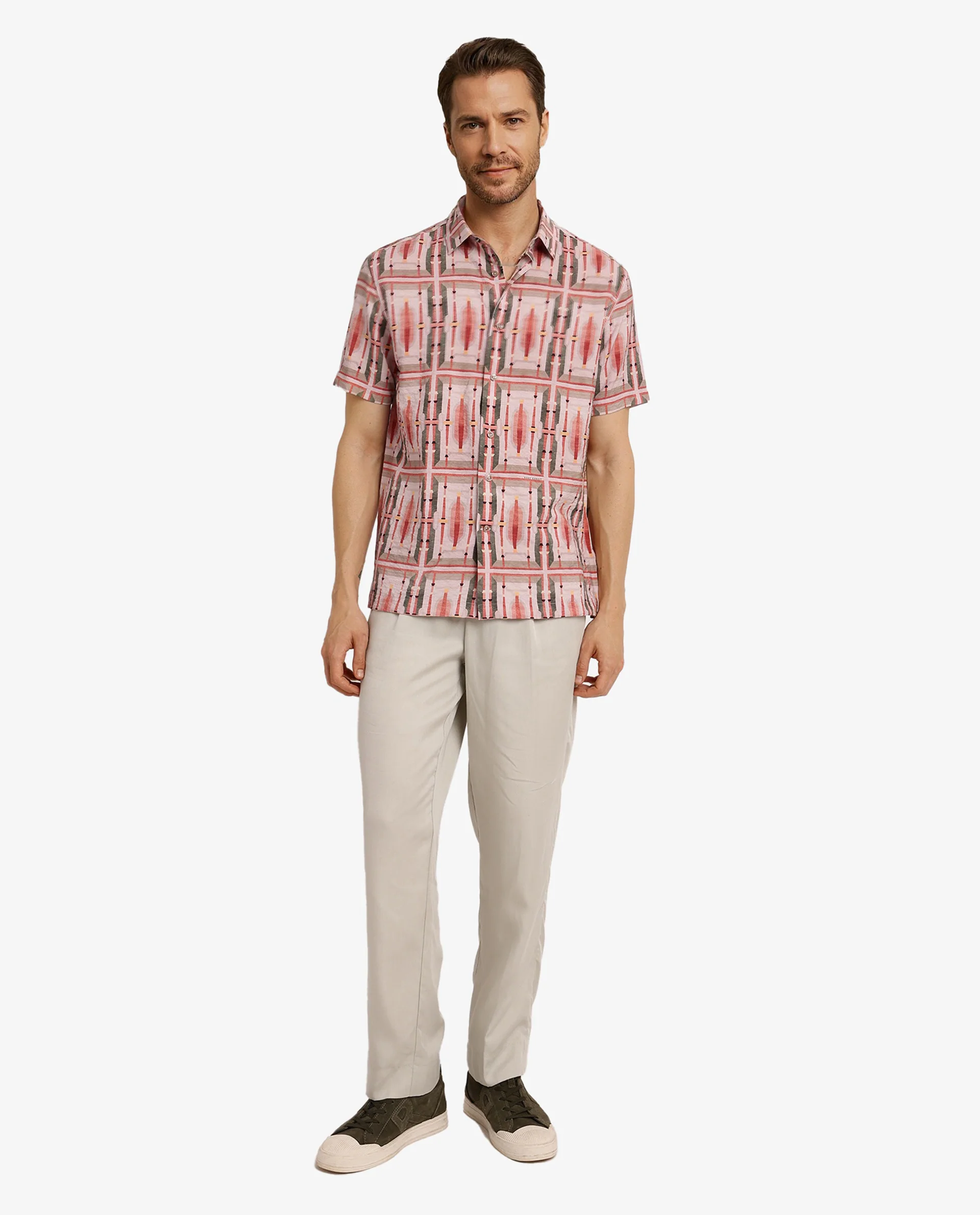Rare Rabbit Men's Quill Beige Abstract Print Boxy Fit Half Sleeve Collared Shirt - Image 3