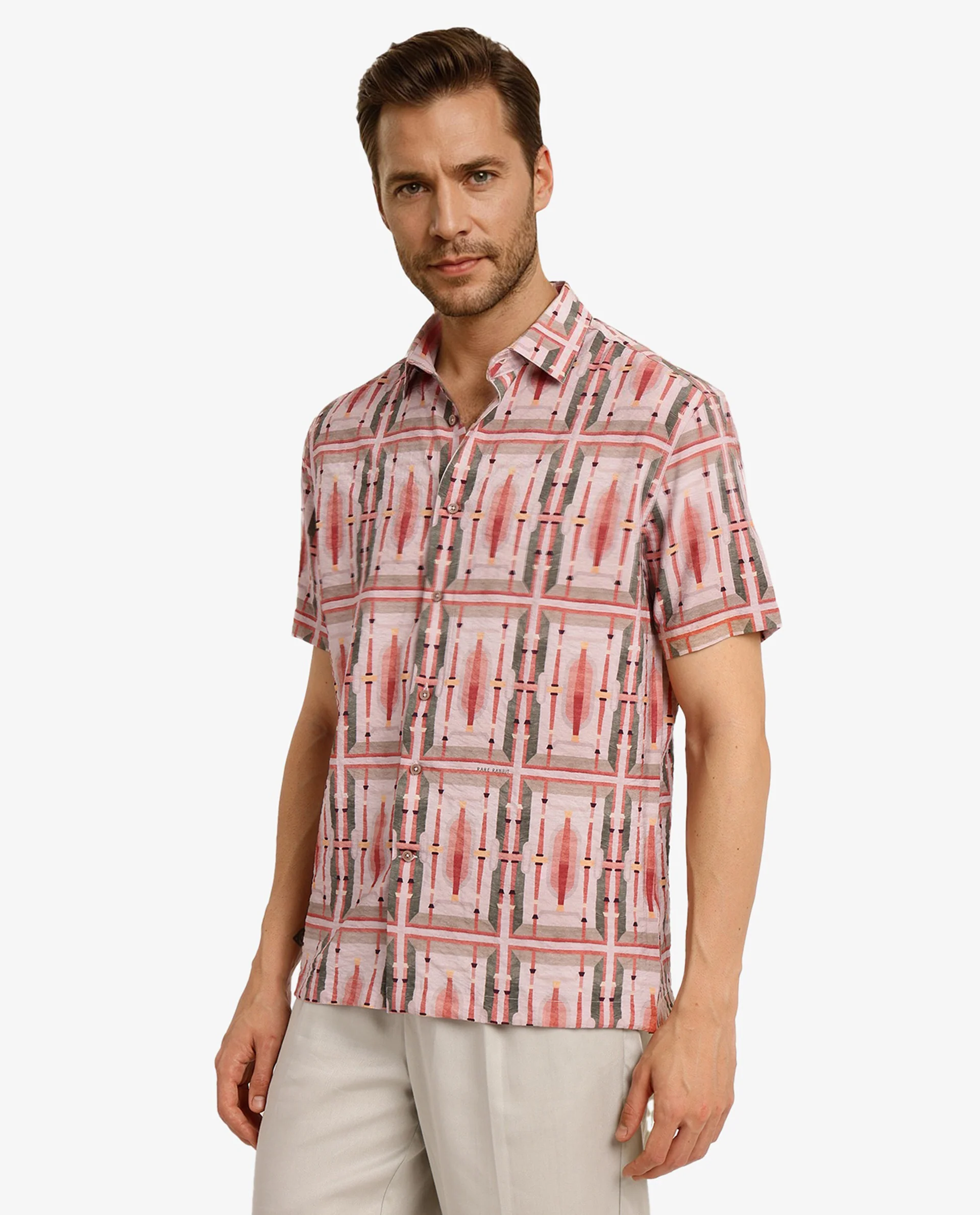 Rare Rabbit Men's Quill Beige Abstract Print Boxy Fit Half Sleeve Collared Shirt - Image 5