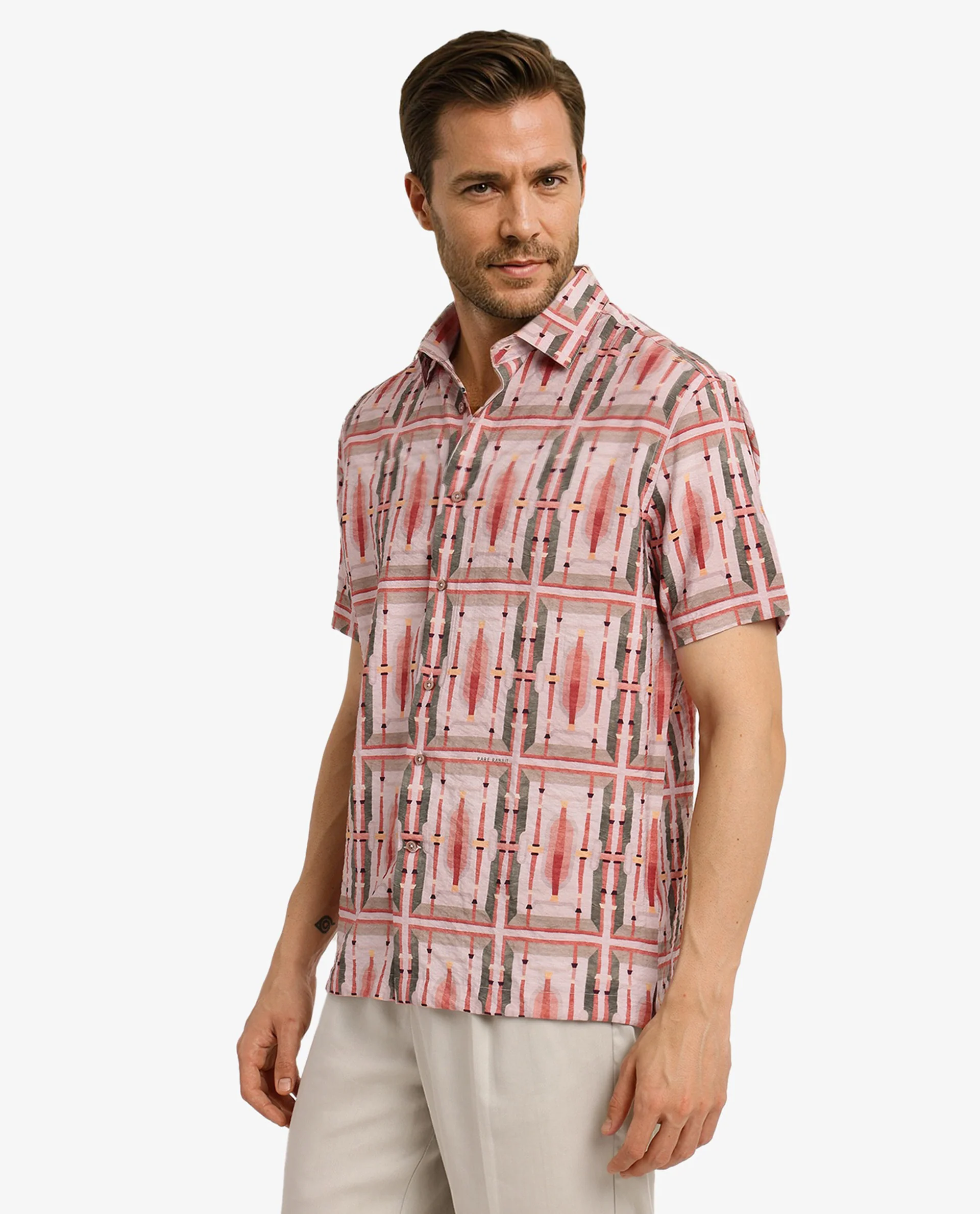 Rare Rabbit Men's Quill Beige Abstract Print Boxy Fit Half Sleeve Collared Shirt - Image 6