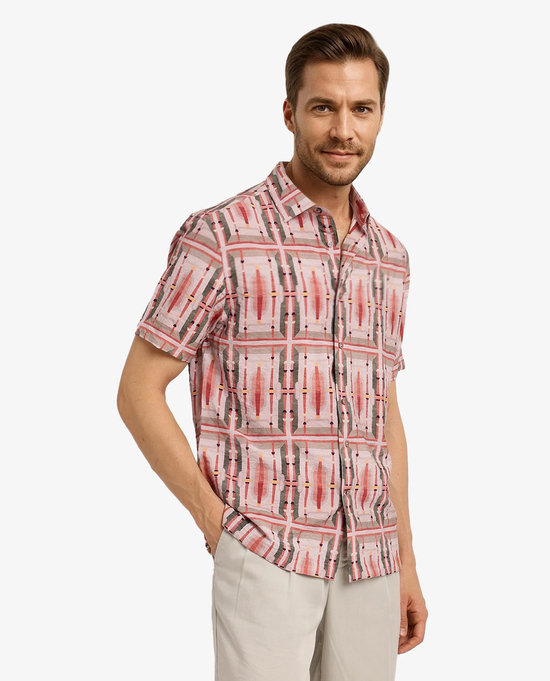 Rare Rabbit Men's Quill Beige Abstract Print Boxy Fit Half Sleeve Collared Shirt - Image 7