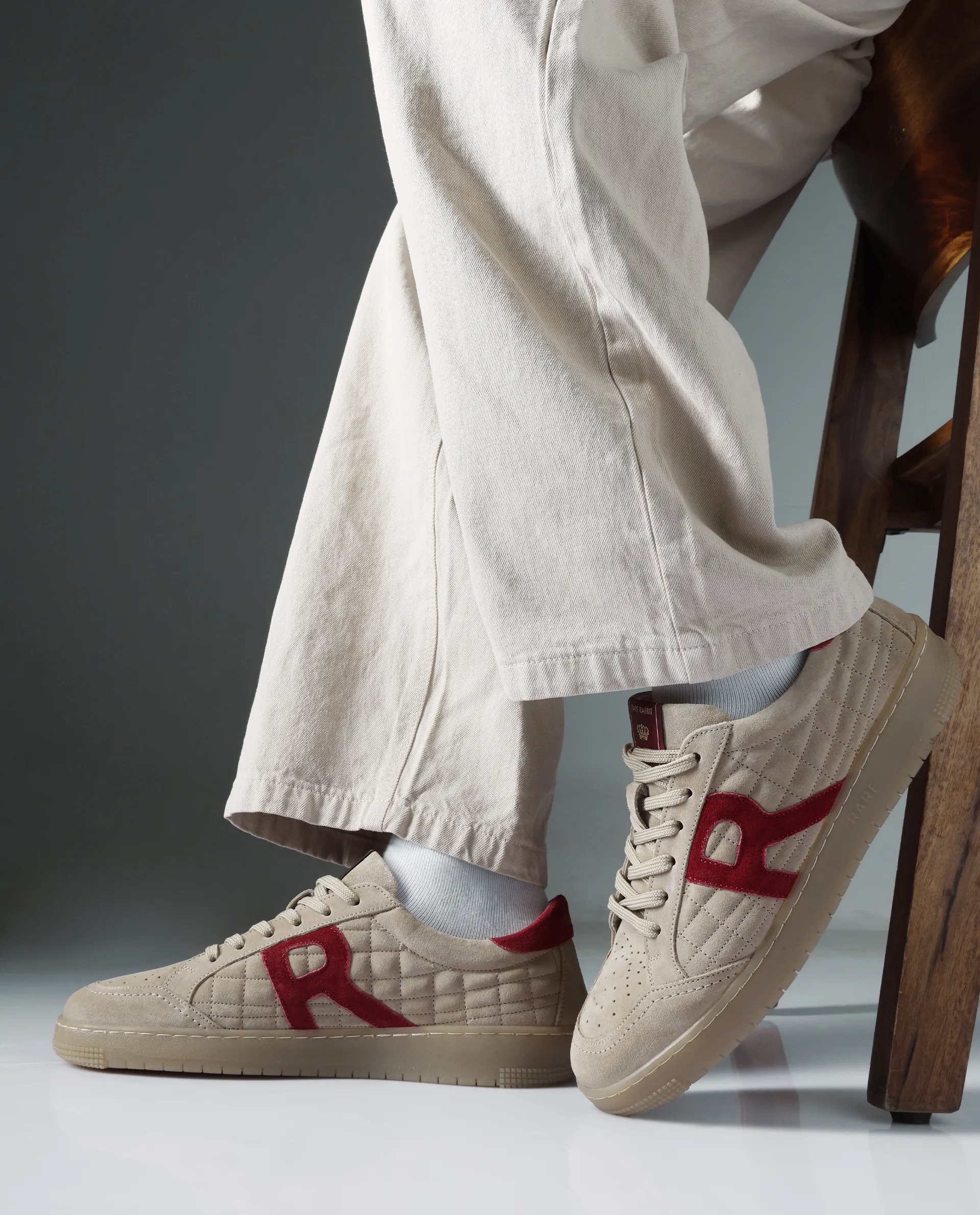 Rare Rabbit Men Quilt Beige Premium Suede Fabric Low-Top Lace Up Quilted Sneaker Shoes - Image 2