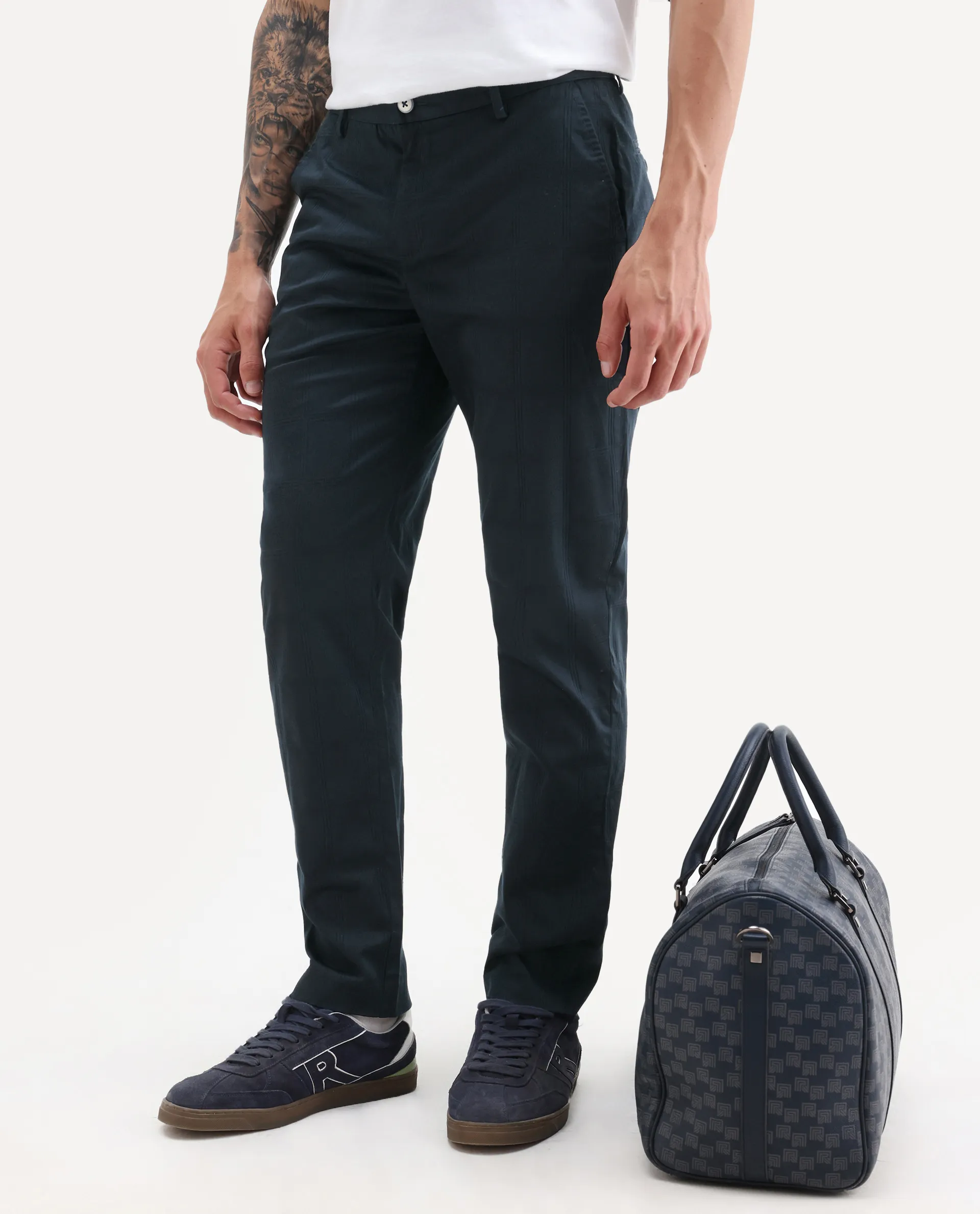 Rare Rabbit Men's Quince Dark Navy Cotton Checked Print Regular Fit Trouser - Image 2