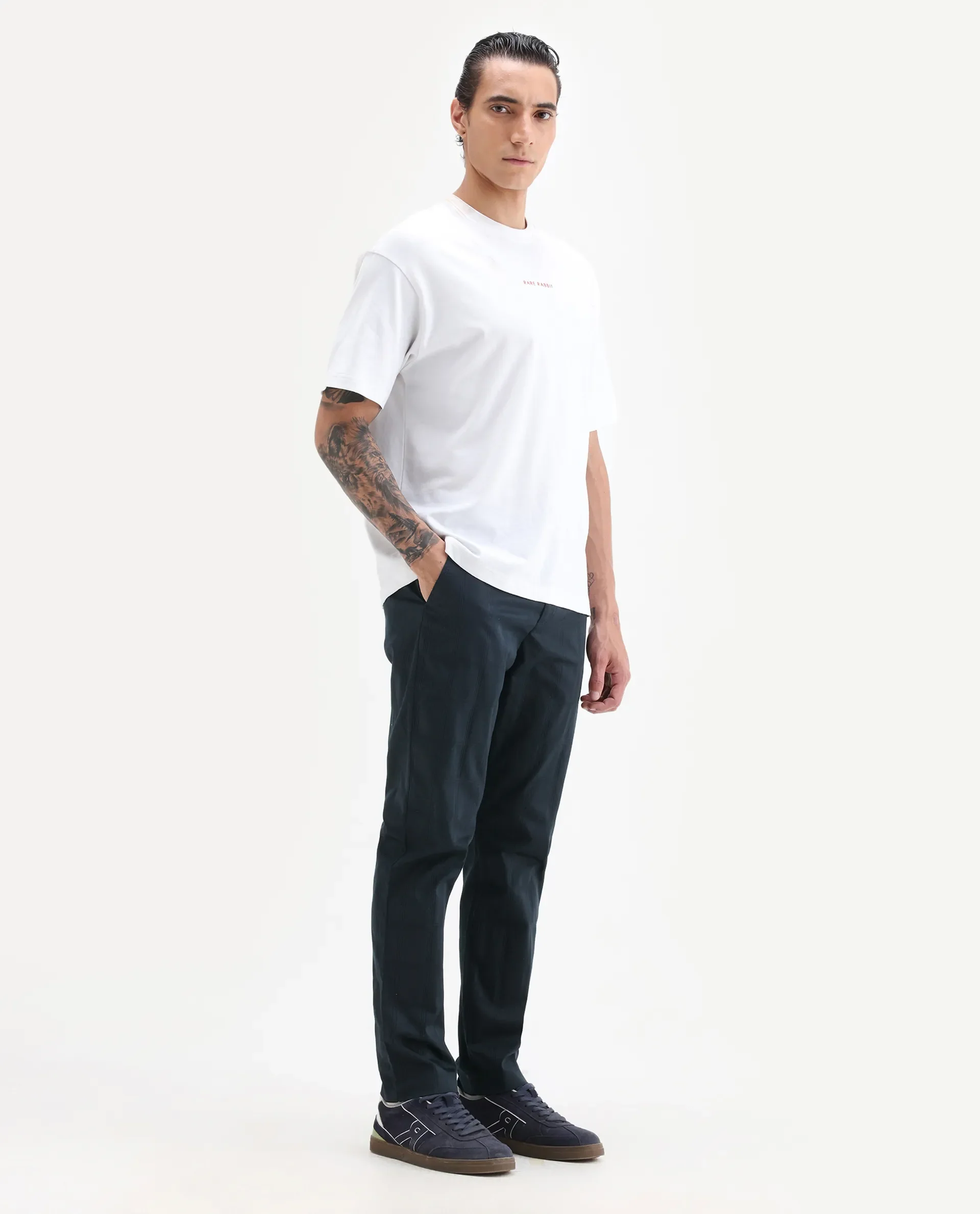 Rare Rabbit Men's Quince Dark Navy Cotton Checked Print Regular Fit Trouser - Image 5