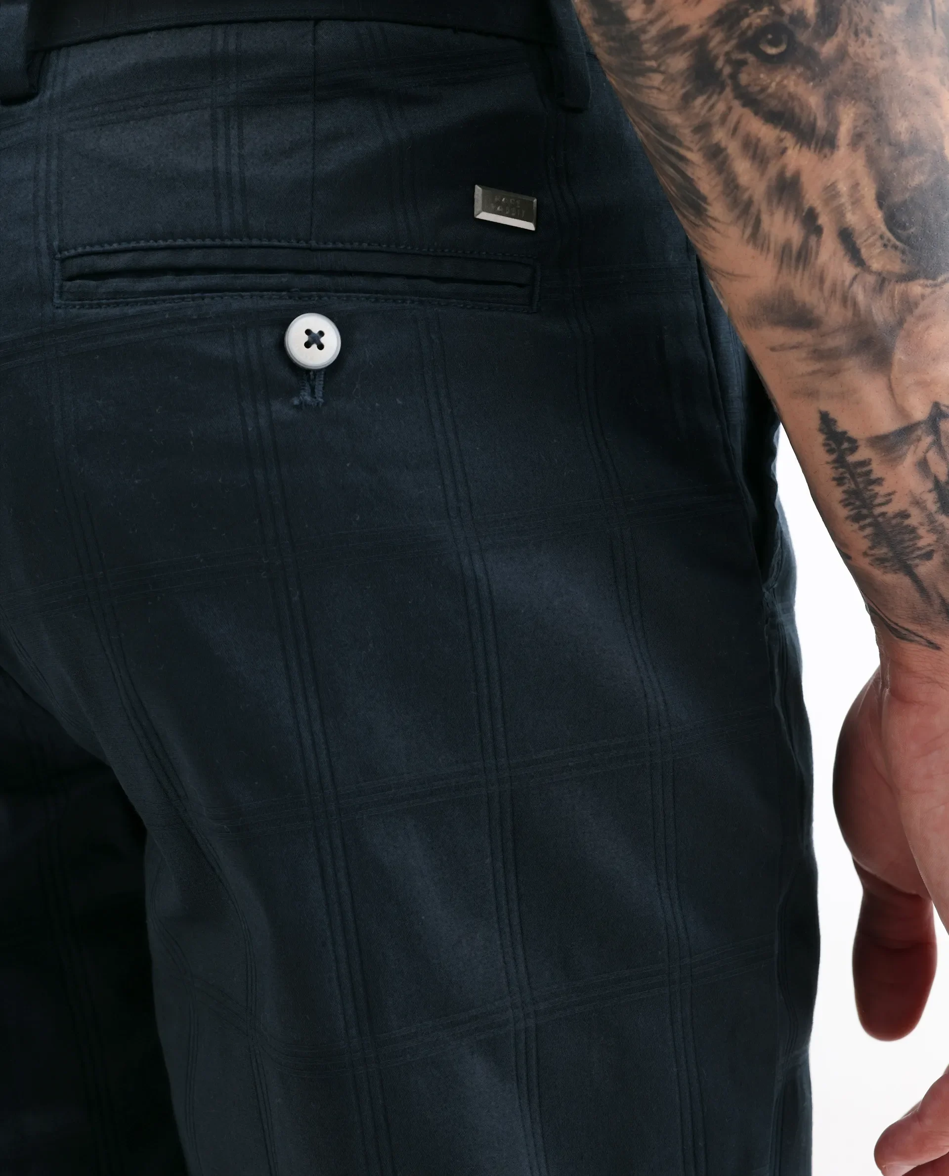 Rare Rabbit Men's Quince Dark Navy Cotton Checked Print Regular Fit Trouser - Image 6