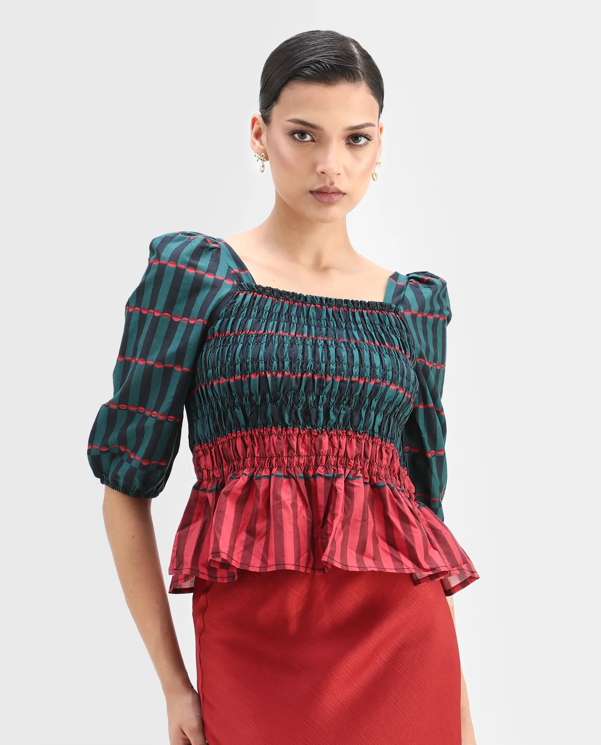 Rareism Women's Quince Green Cotton Square Neck Geometric Print Puff Sleeves Regular Fit Top - Image 2