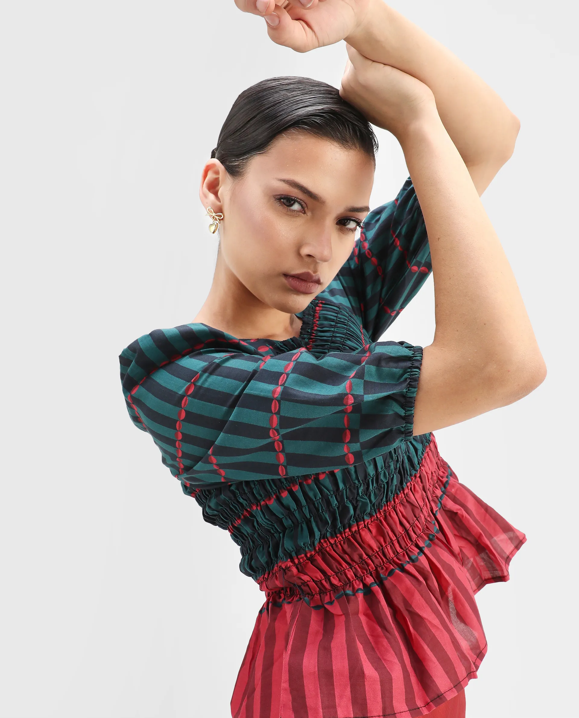 Rareism Women's Quince Green Cotton Square Neck Geometric Print Puff Sleeves Regular Fit Top - Image 3