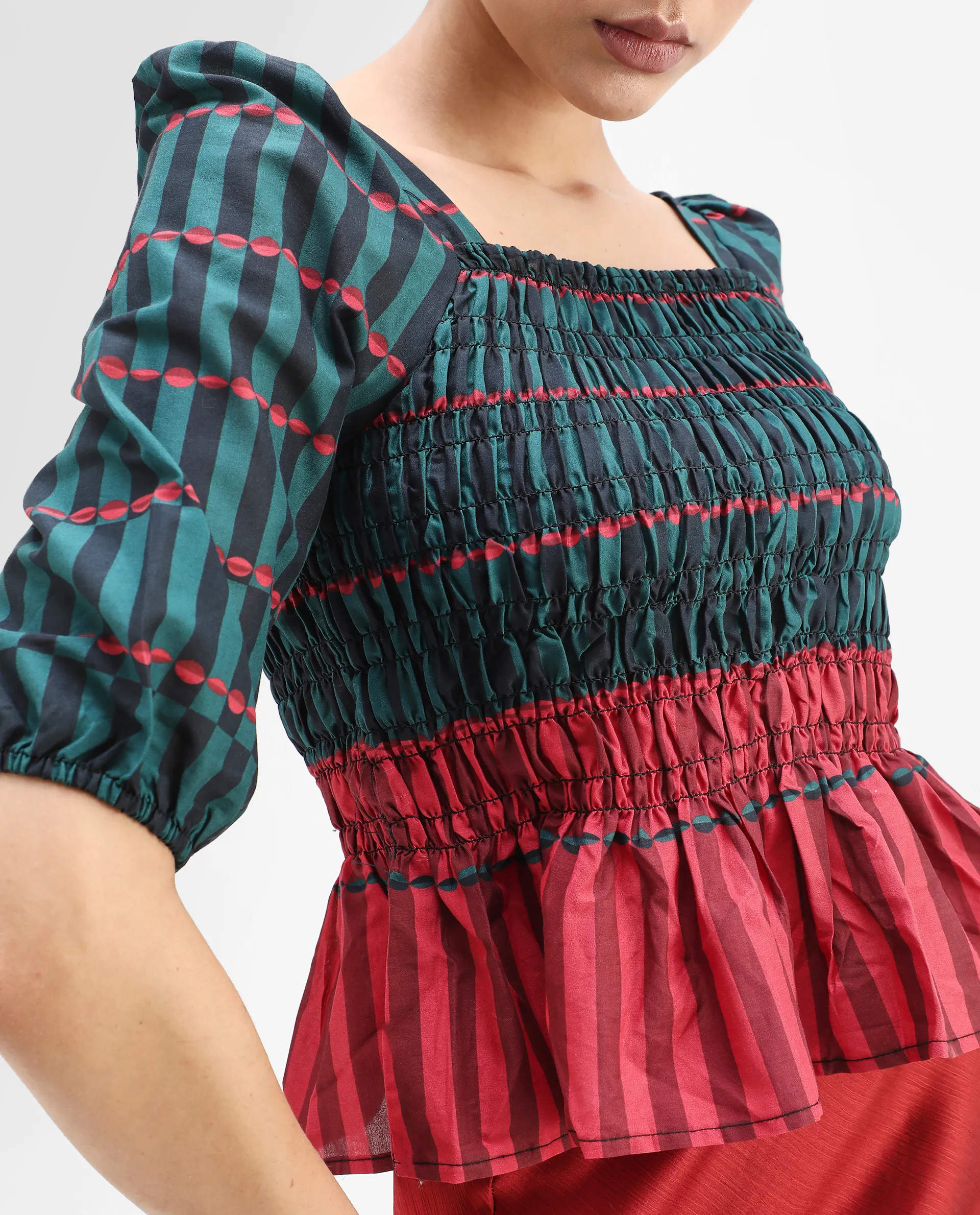 Rareism Women's Quince Green Cotton Square Neck Geometric Print Puff Sleeves Regular Fit Top - Image 4