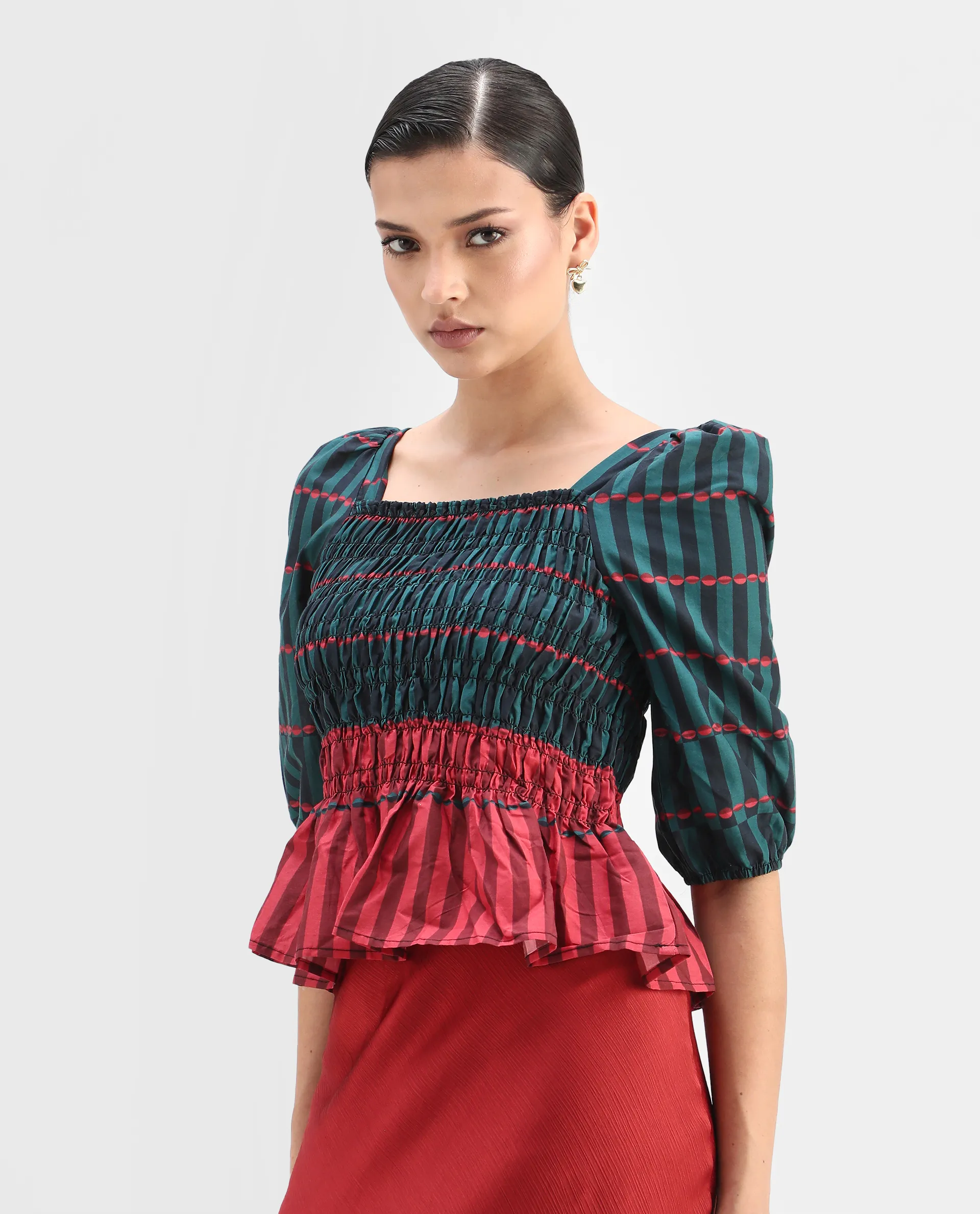 Rareism Women's Quince Green Cotton Square Neck Geometric Print Puff Sleeves Regular Fit Top - Image 5