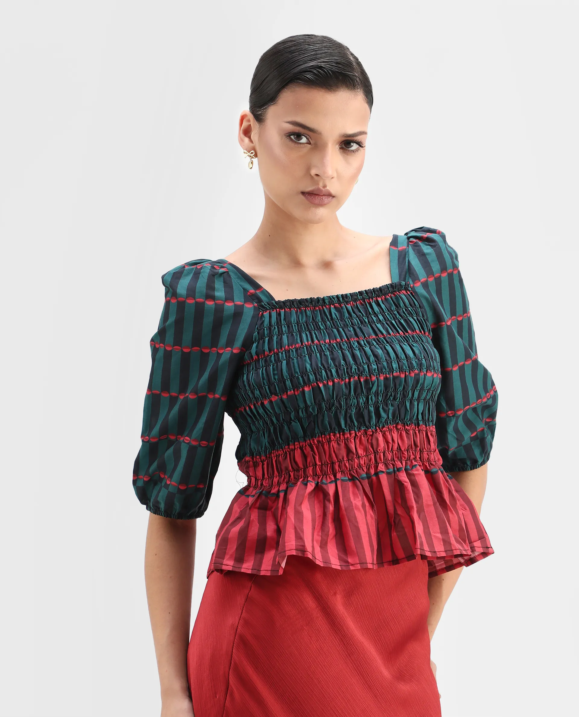 Rareism Women's Quince Green Cotton Square Neck Geometric Print Puff Sleeves Regular Fit Top - Image 6