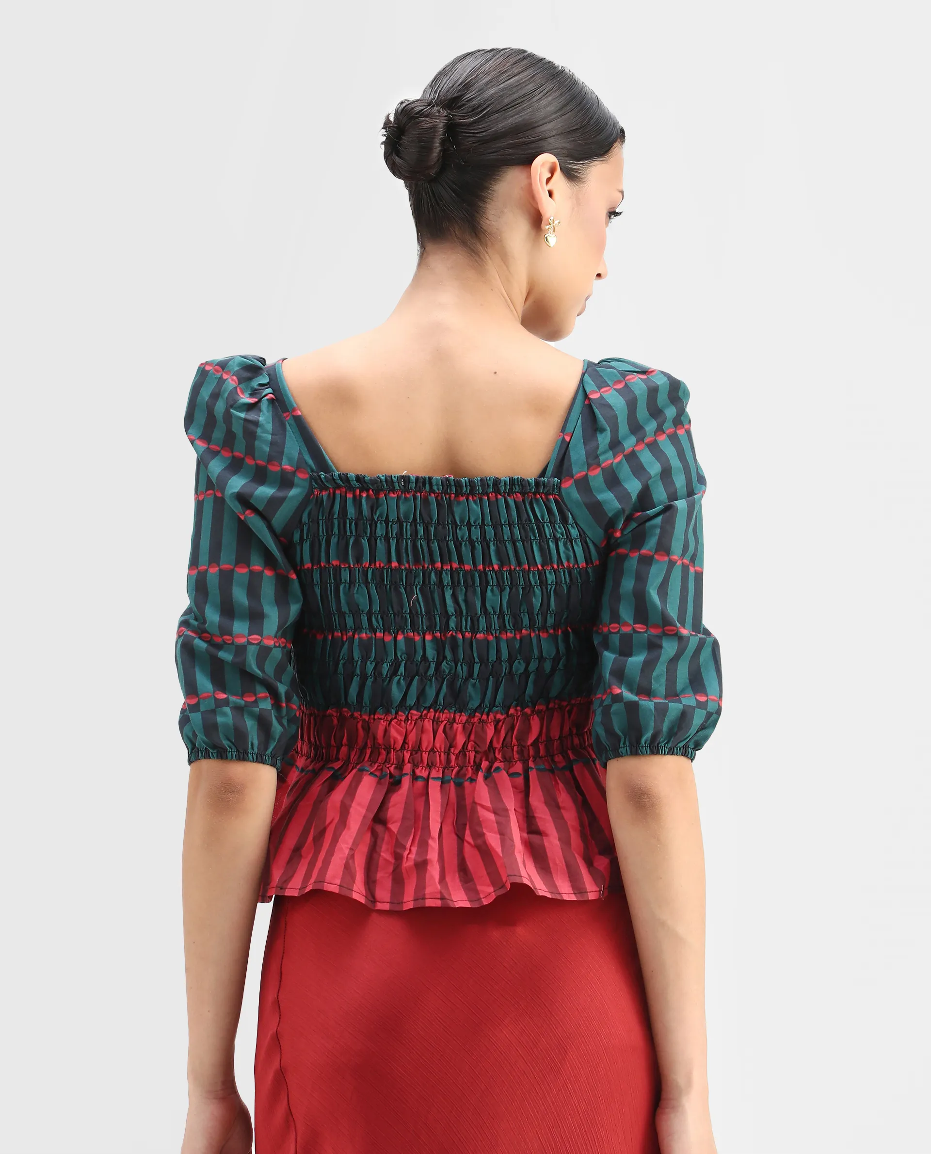 Rareism Women's Quince Green Cotton Square Neck Geometric Print Puff Sleeves Regular Fit Top - Image 7