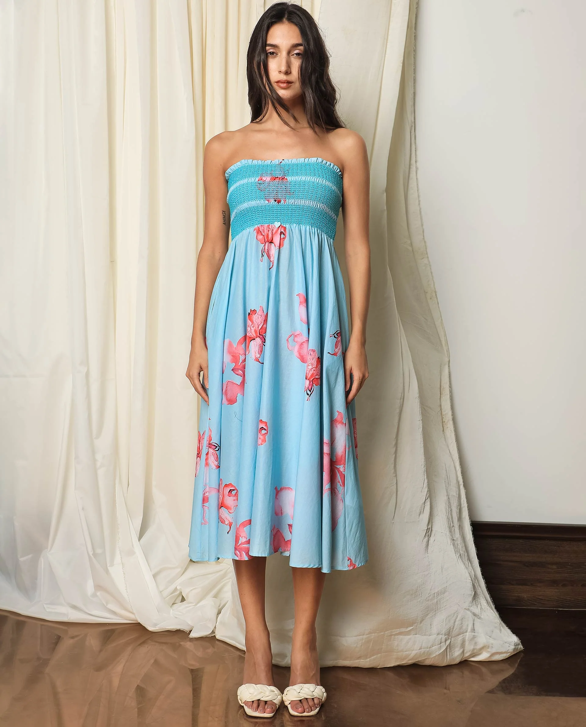 Rareism Women's Quinzo Blue Cotton Tube Neck Floral Print Sleeveless Knee Length Regular Fit Dress - Image 2
