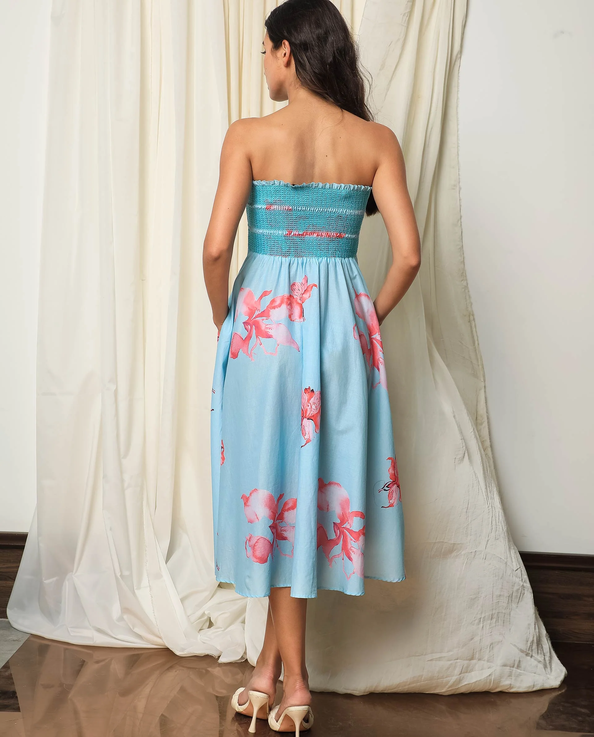 Rareism Women's Quinzo Blue Cotton Tube Neck Floral Print Sleeveless Knee Length Regular Fit Dress - Image 8