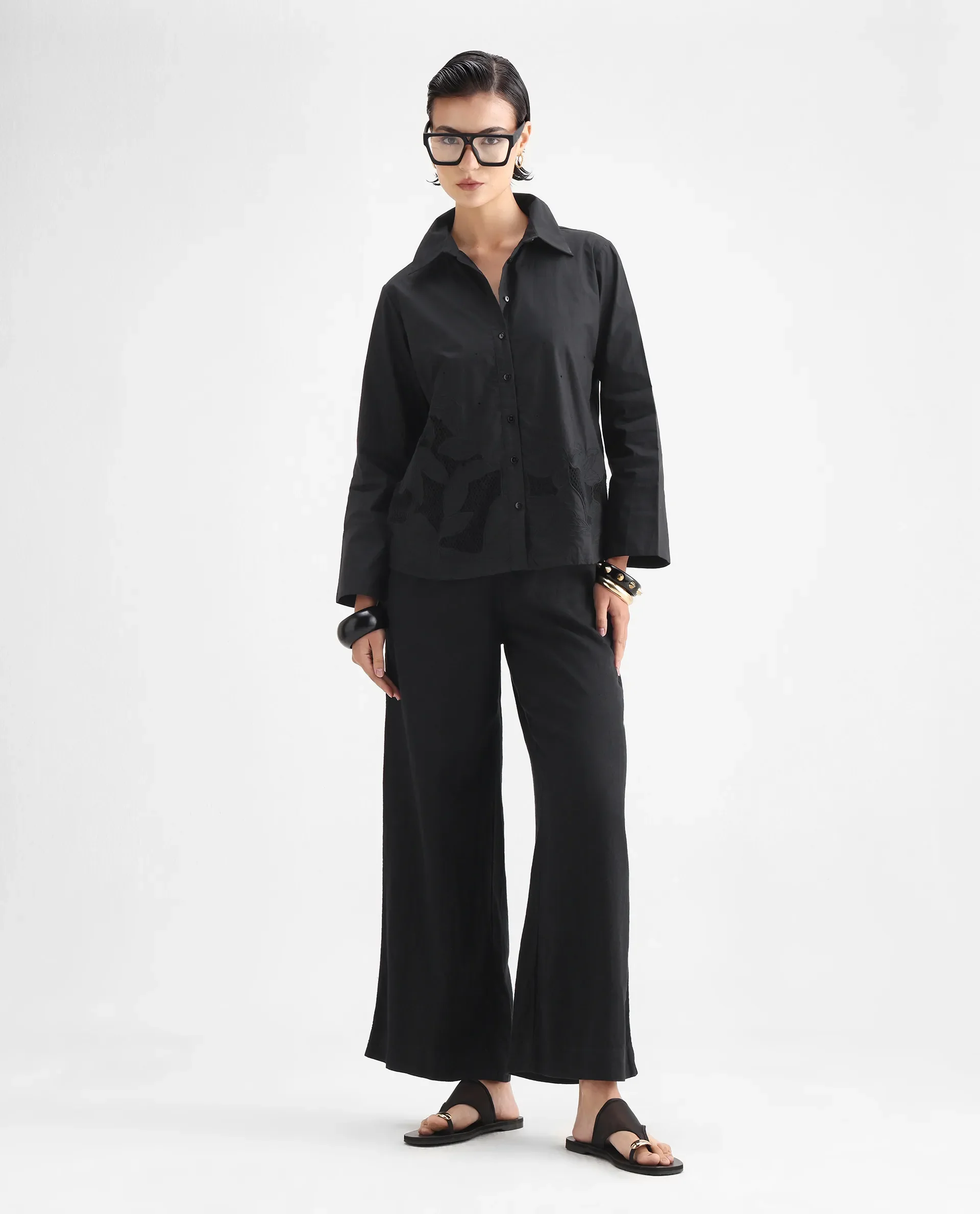 Rareism Women's Quitti Light Black Cotton Spread Collar Plain Bell Sleeve Regular Fit Top - Image 2