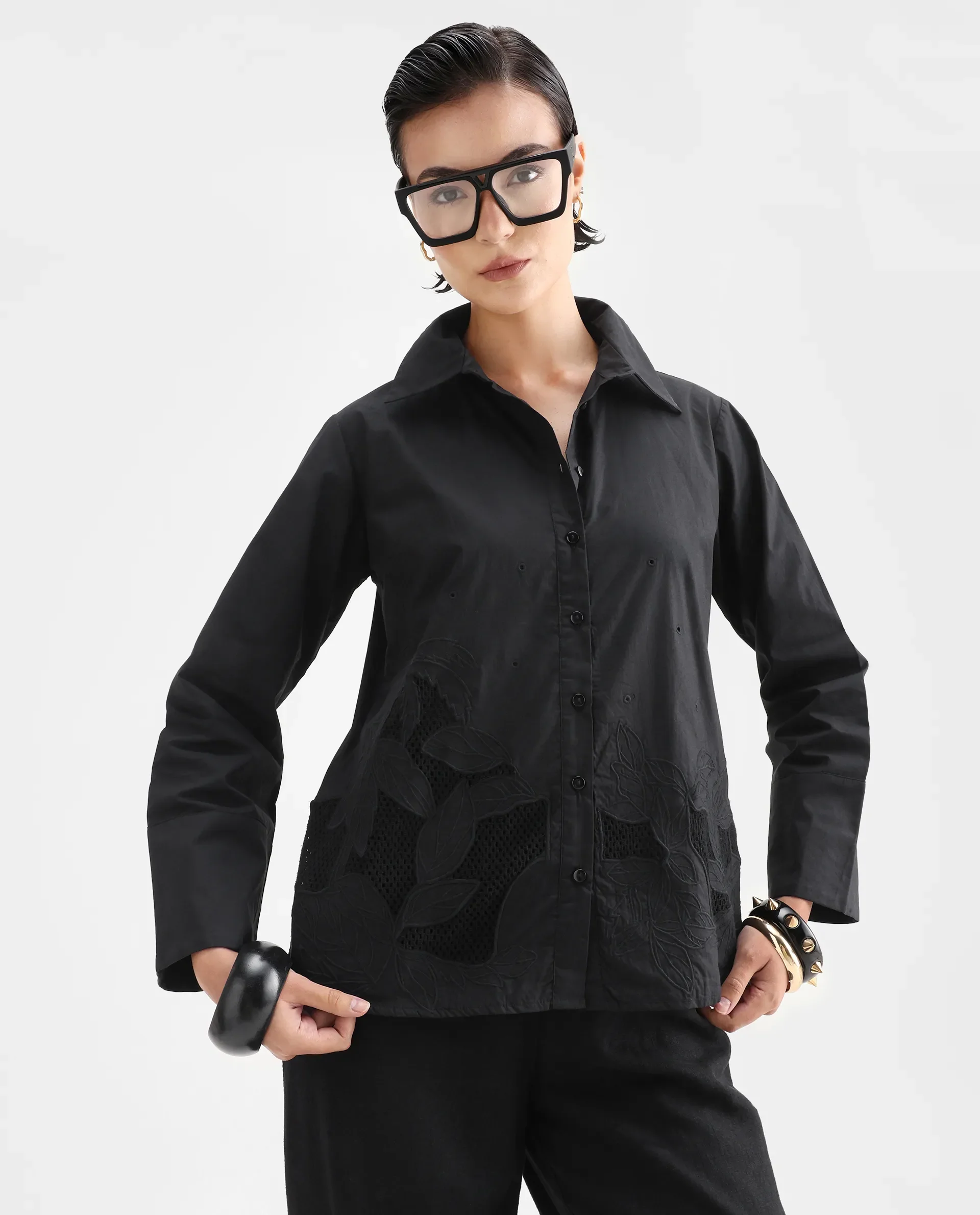 Rareism Women's Quitti Light Black Cotton Spread Collar Plain Bell Sleeve Regular Fit Top - Image 3