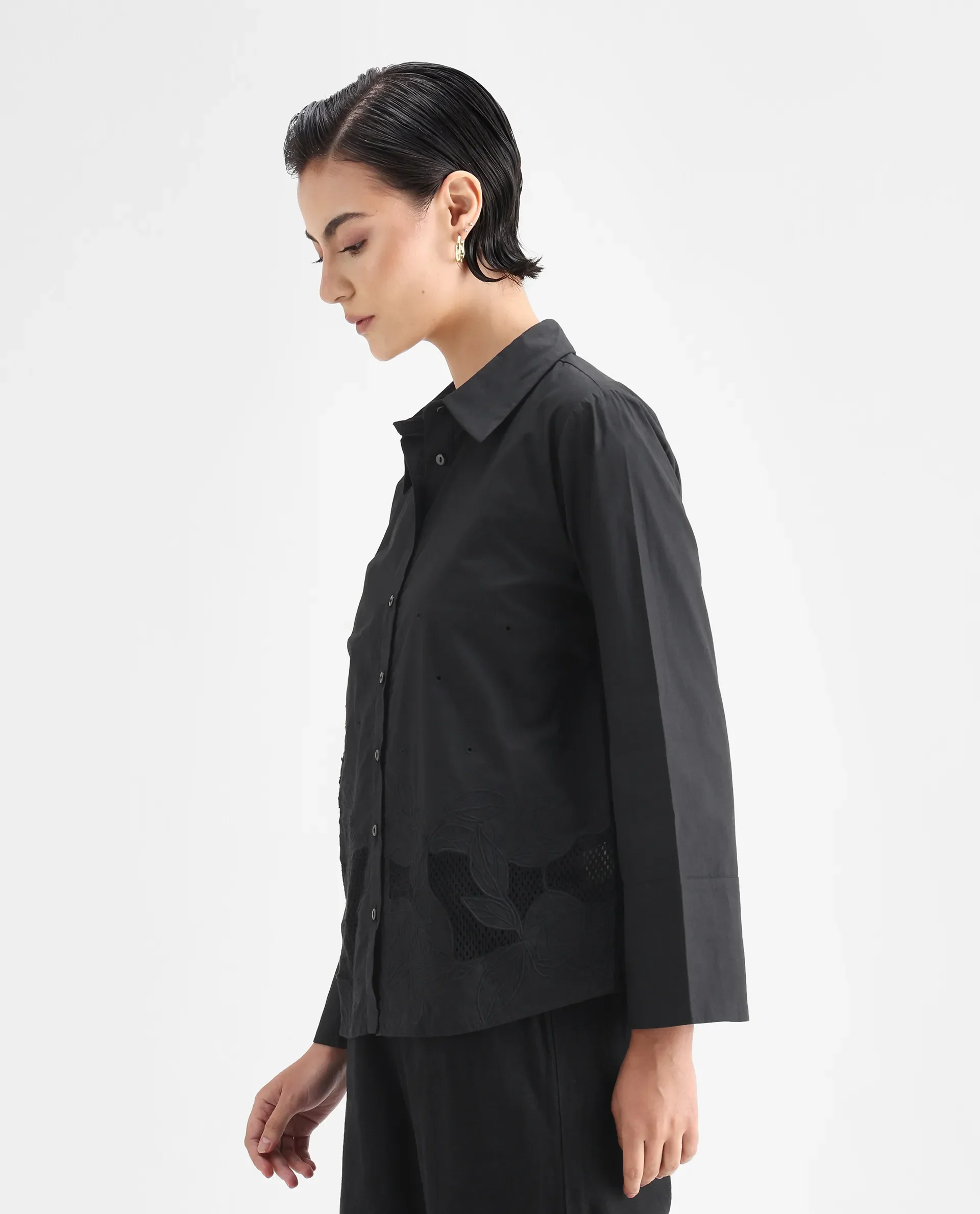 Rareism Women's Quitti Light Black Cotton Spread Collar Plain Bell Sleeve Regular Fit Top - Image 5