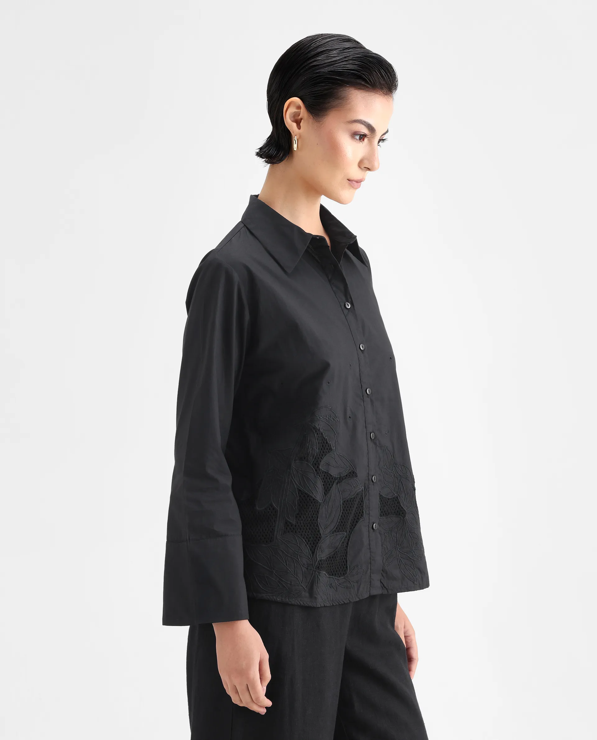 Rareism Women's Quitti Light Black Cotton Spread Collar Plain Bell Sleeve Regular Fit Top - Image 6