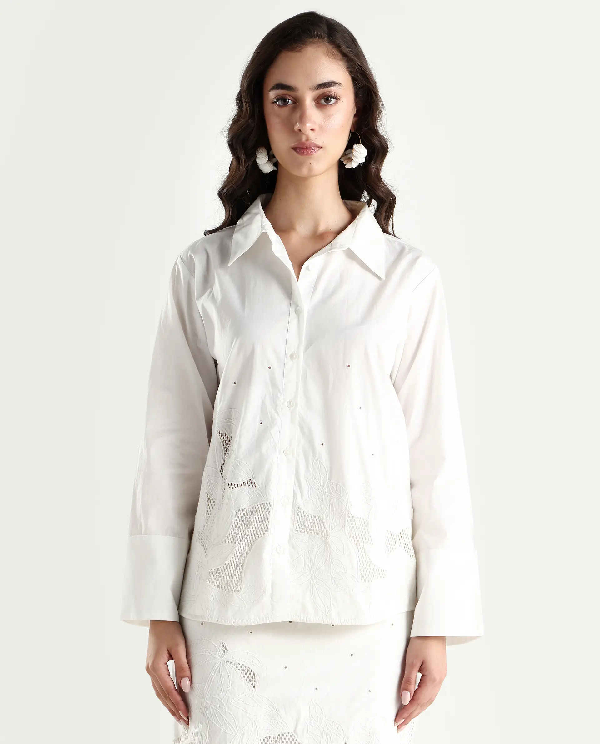Rareism Women's Quitti Light White Cotton Spread Collar Plain Bell Sleeve Regular Fit Top - Image 3