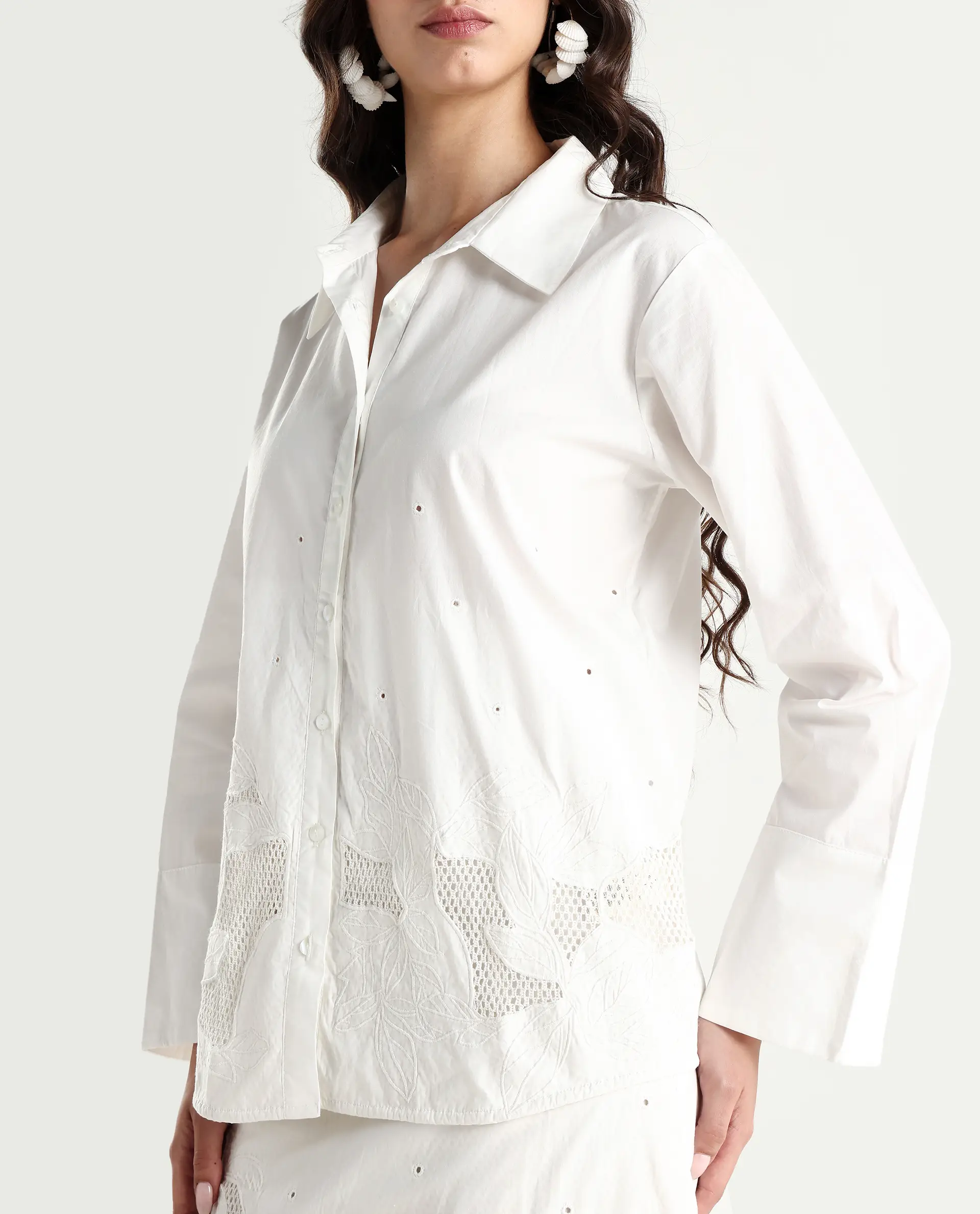 Rareism Women's Quitti Light White Cotton Spread Collar Plain Bell Sleeve Regular Fit Top - Image 4