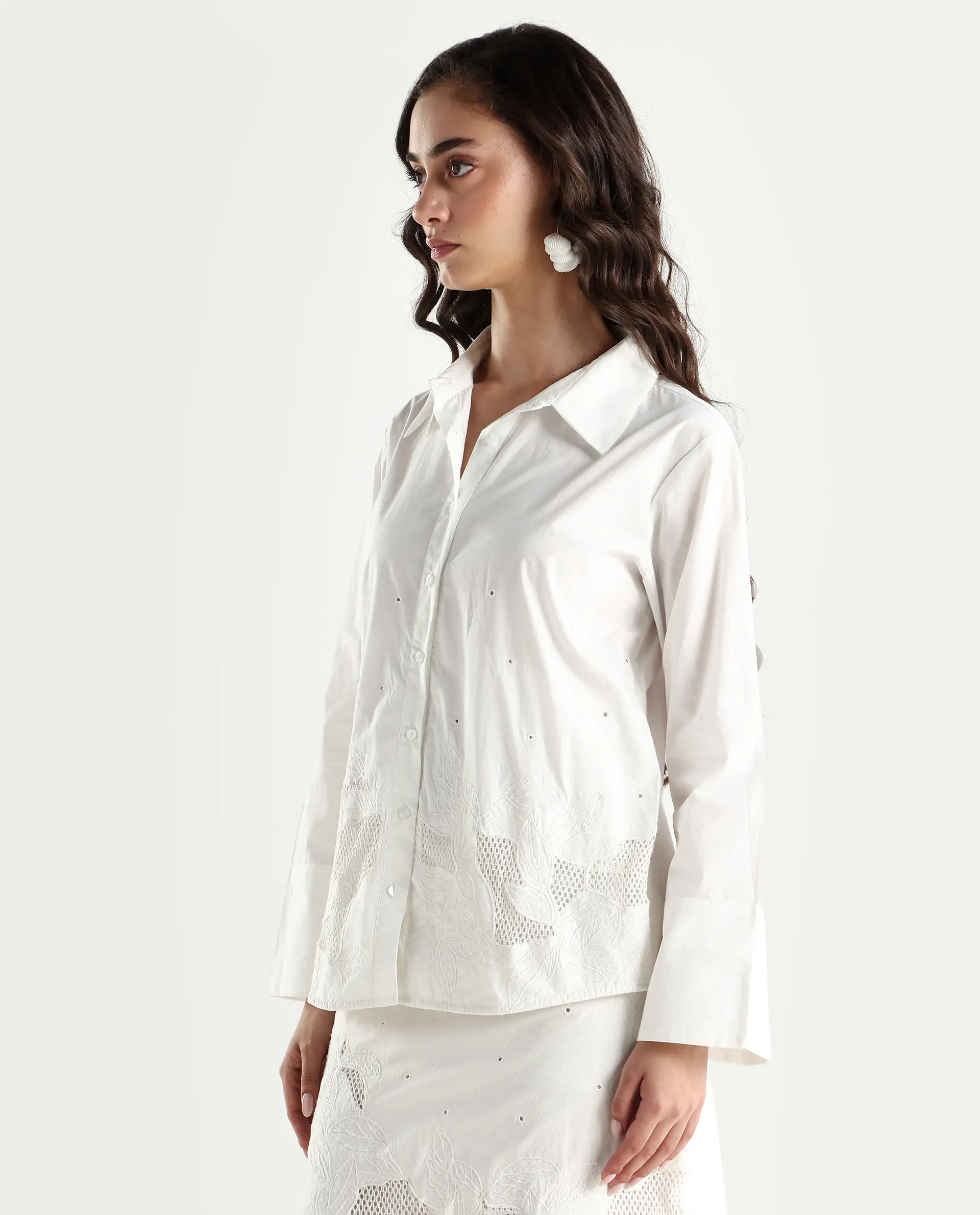 Rareism Women's Quitti Light White Cotton Spread Collar Plain Bell Sleeve Regular Fit Top - Image 5