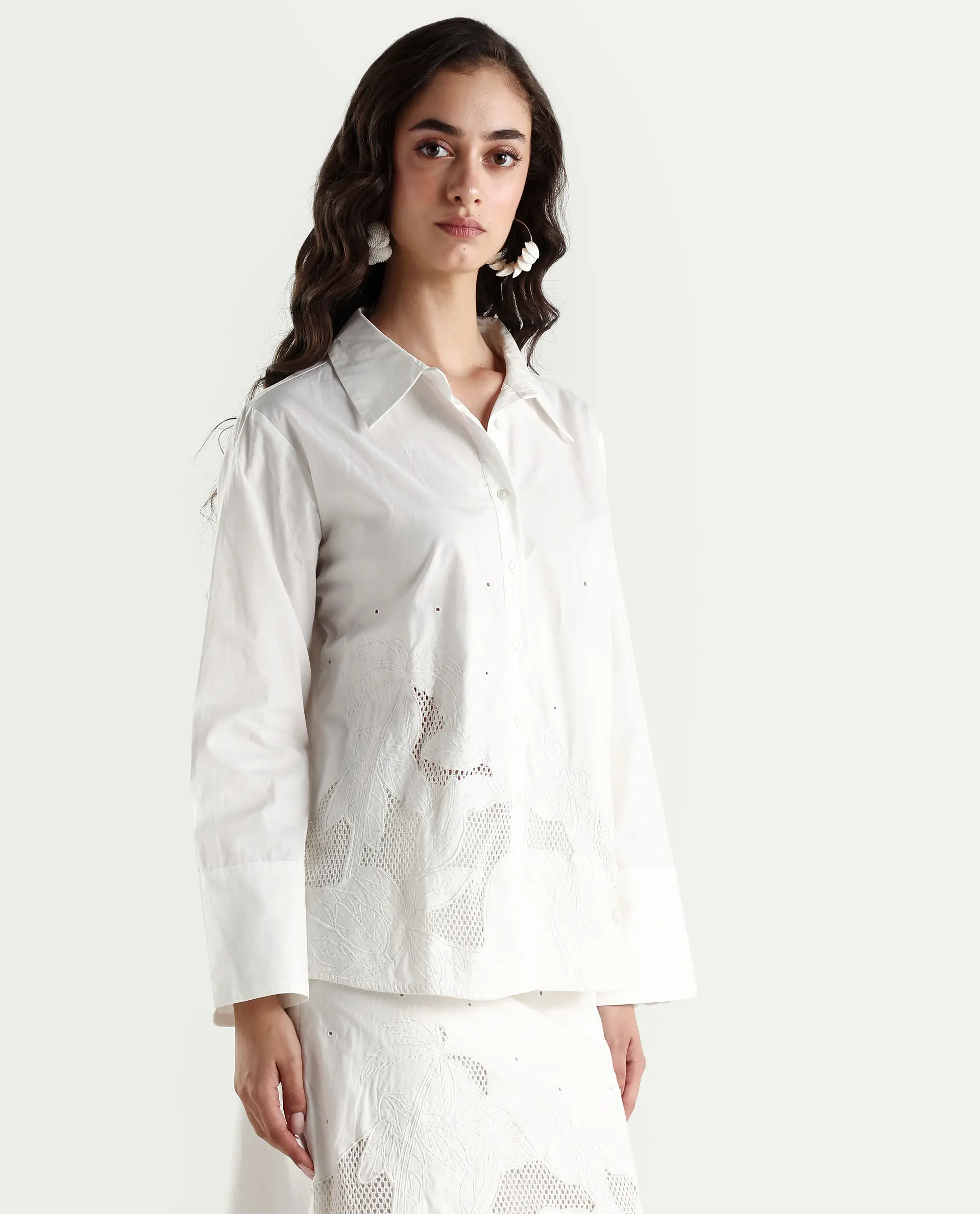 Rareism Women's Quitti Light White Cotton Spread Collar Plain Bell Sleeve Regular Fit Top - Image 6