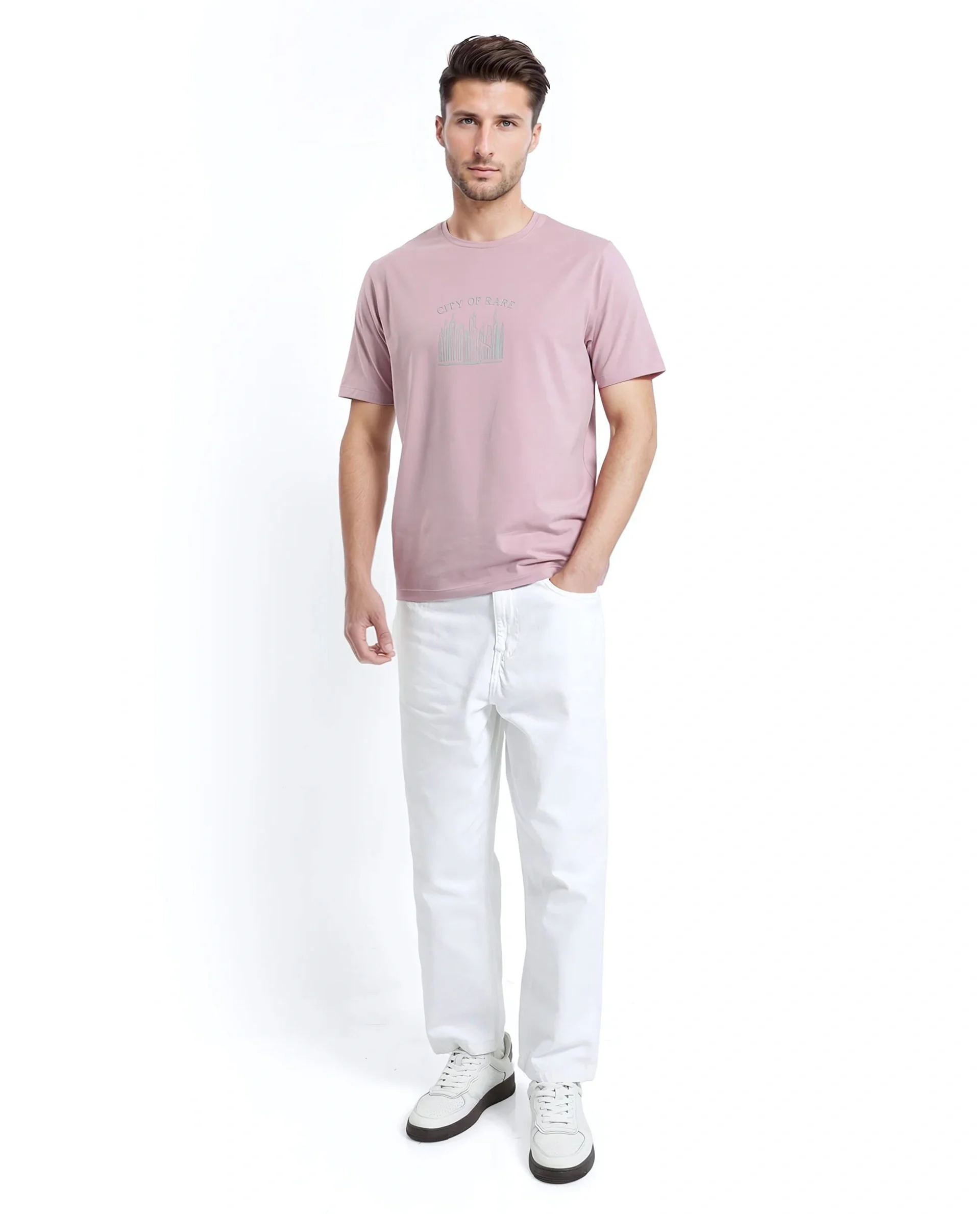 Rare Rabbit Men's Quix Pastel Pink Cotton Blend Graphic Print Regular Fit Half Sleeve Crew Neck T-Shirt - Image 3