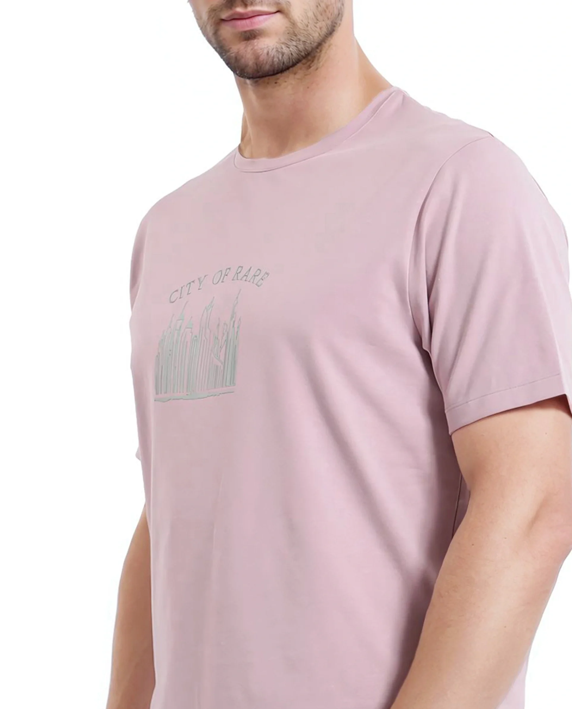 Rare Rabbit Men's Quix Pastel Pink Cotton Blend Graphic Print Regular Fit Half Sleeve Crew Neck T-Shirt - Image 4