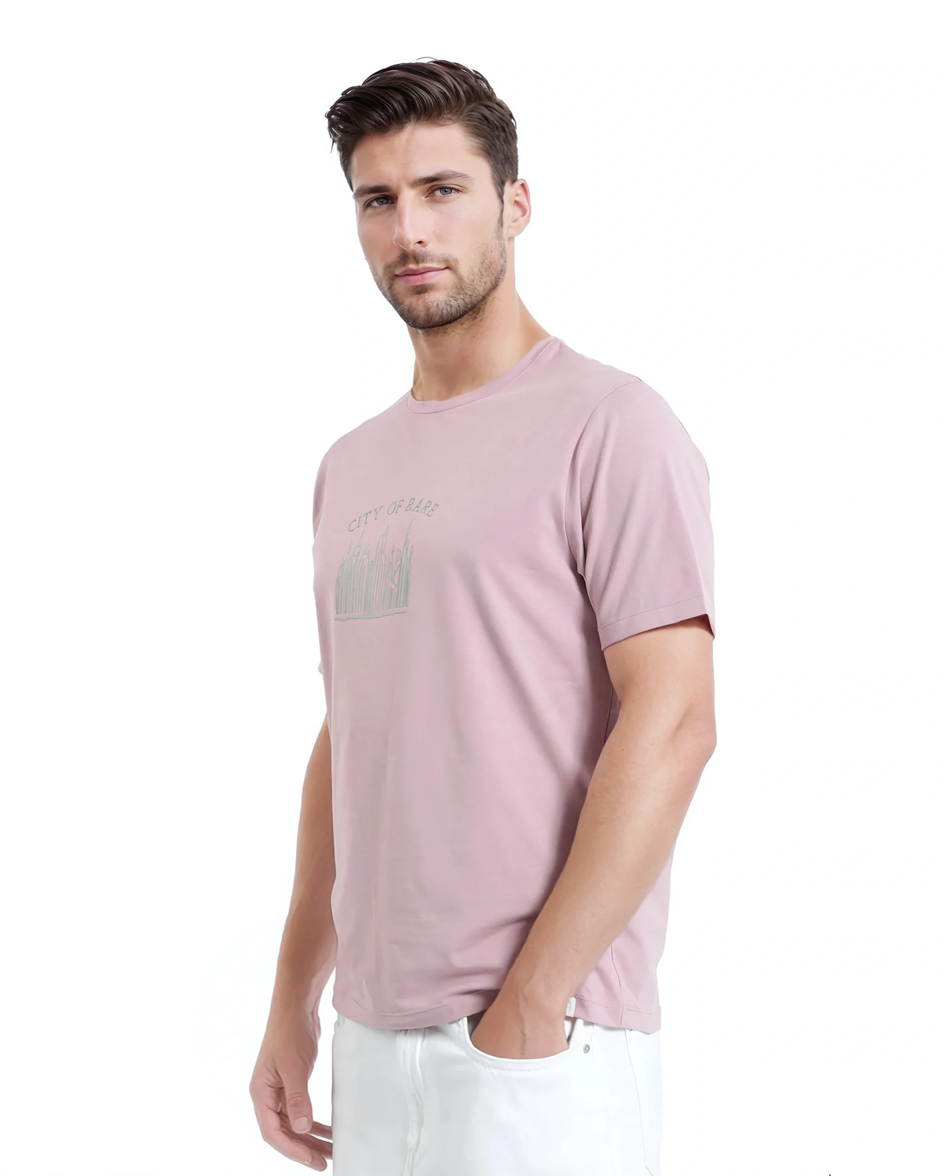 Rare Rabbit Men's Quix Pastel Pink Cotton Blend Graphic Print Regular Fit Half Sleeve Crew Neck T-Shirt - Image 5