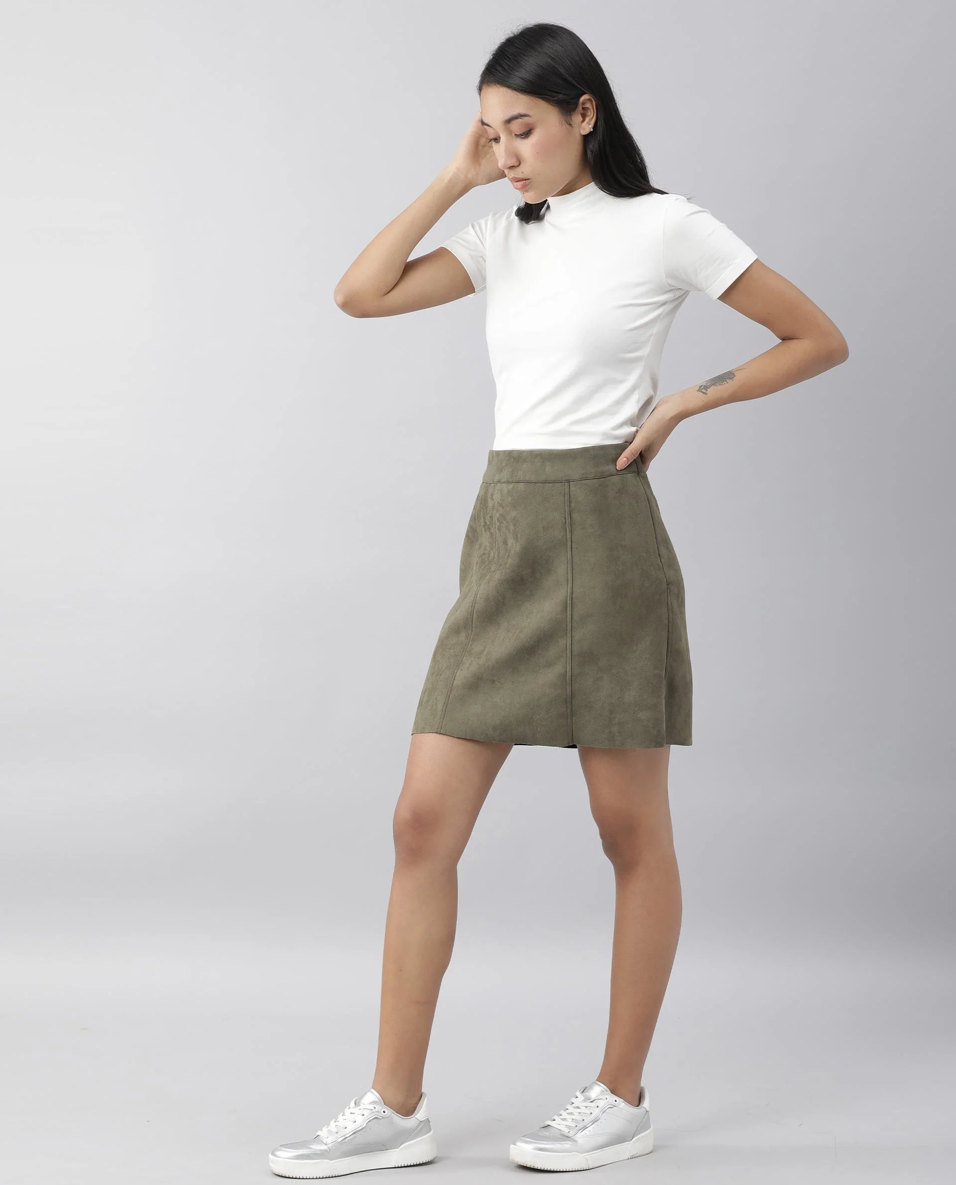Rareism Women Quote Green Skirt Solid - Image 4