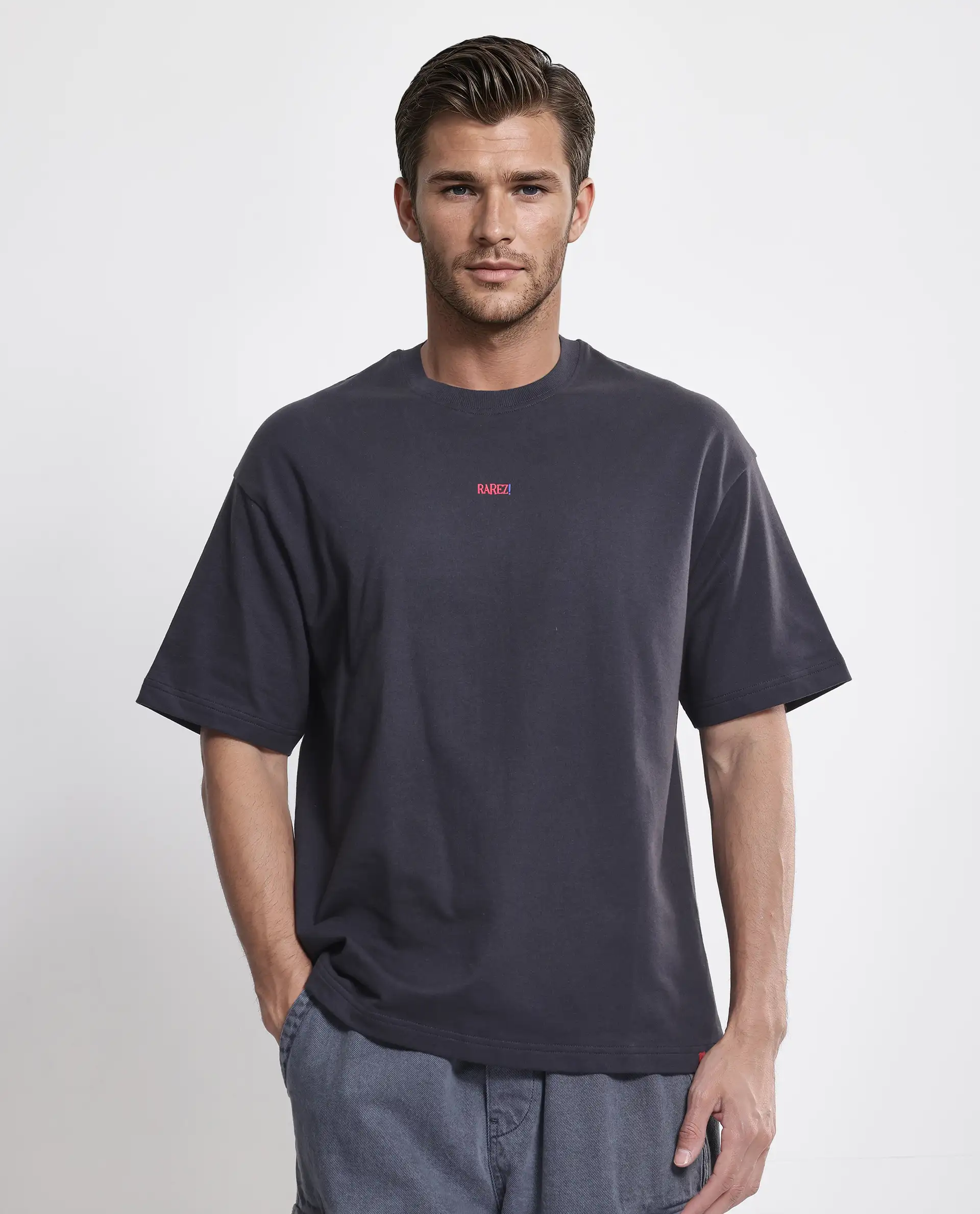 Rare Rabbit Men's Quote Dark Grey Cotton Graphic Print Oversized Fit Half Sleeve Crew Neck T-Shirt - Image 4