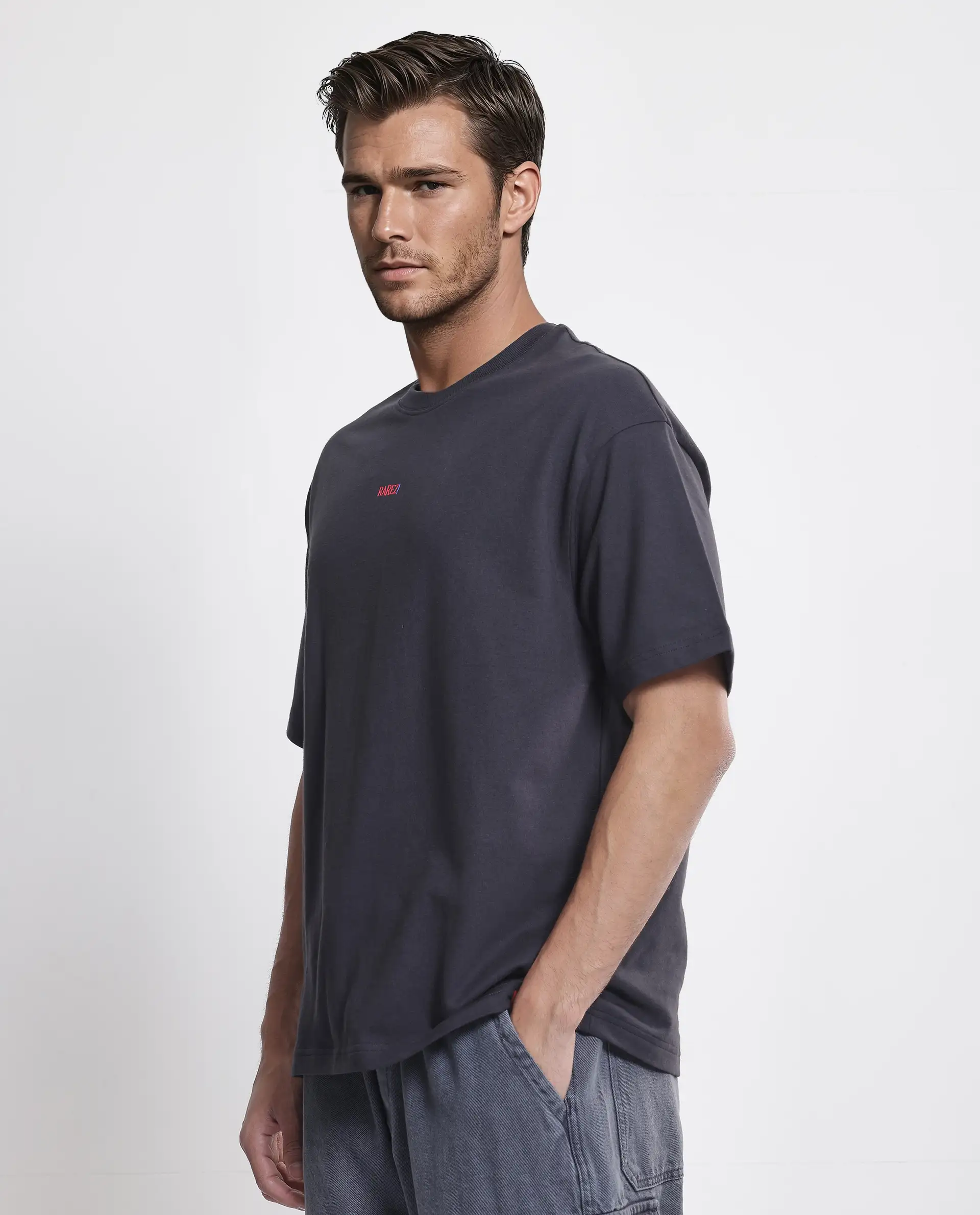 Rare Rabbit Men's Quote Dark Grey Cotton Graphic Print Oversized Fit Half Sleeve Crew Neck T-Shirt - Image 5