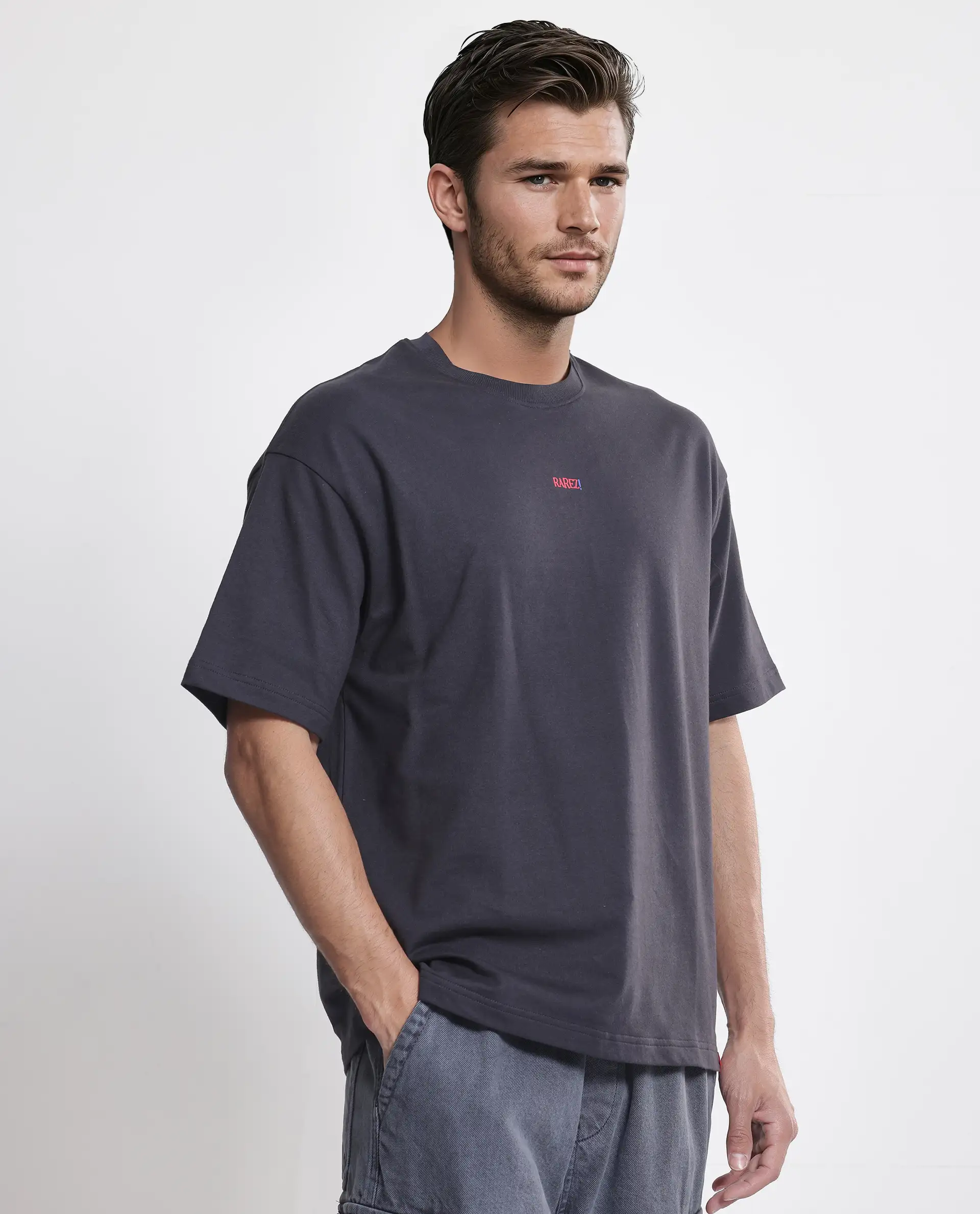 Rare Rabbit Men's Quote Dark Grey Cotton Graphic Print Oversized Fit Half Sleeve Crew Neck T-Shirt - Image 6