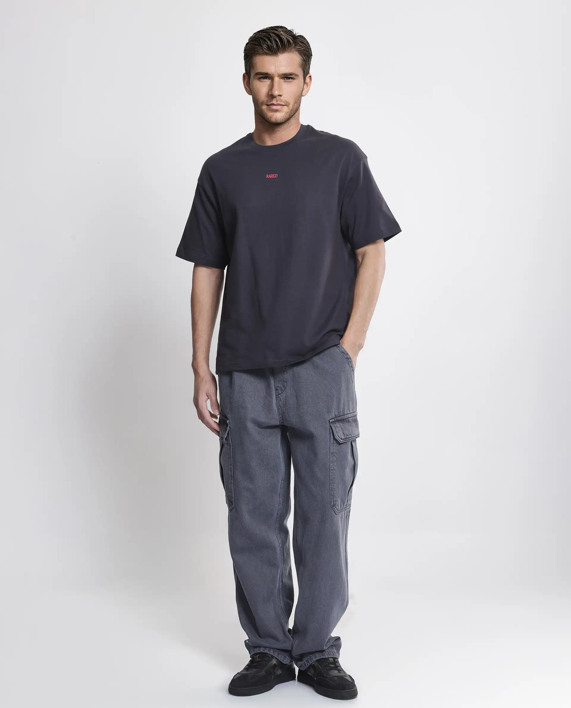 Rare Rabbit Men's Quote Dark Grey Cotton Graphic Print Oversized Fit Half Sleeve Crew Neck T-Shirt - Image 7