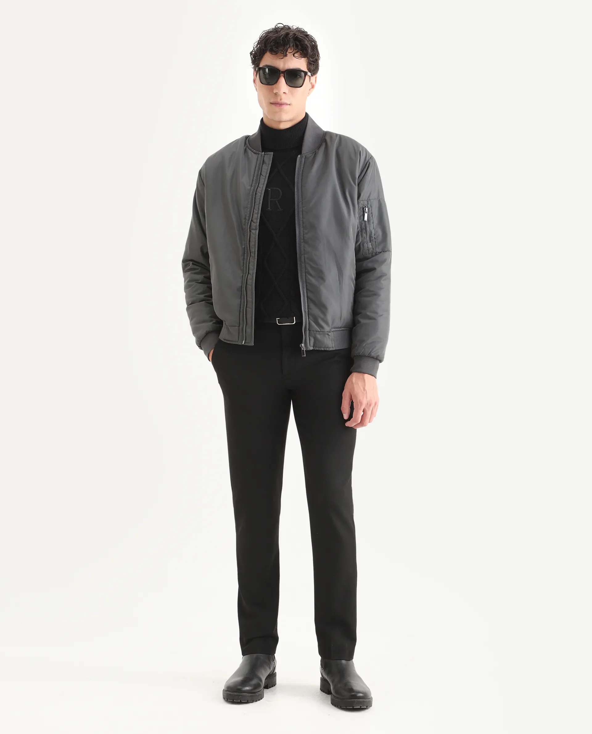 Rare Rabbit Men's Quoto Dark Grey Polyester Plain Regular Fit Full Sleeve Ribbed Collar Jacket - Image 2