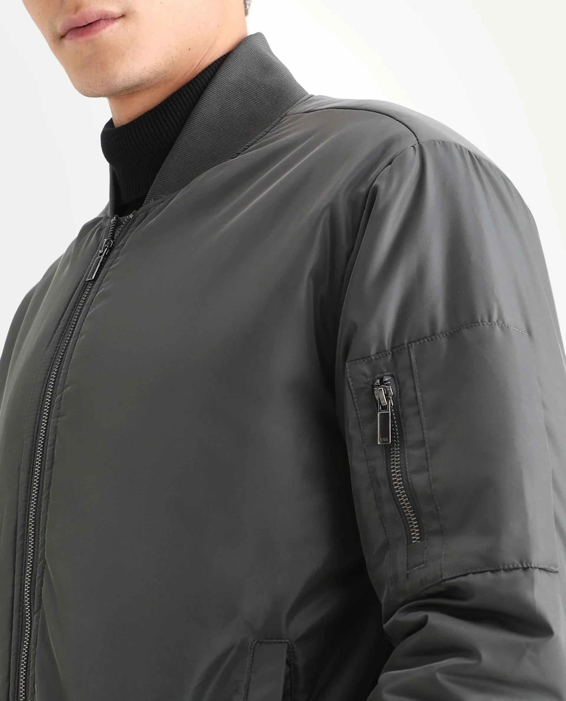 Rare Rabbit Men's Quoto Dark Grey Polyester Plain Regular Fit Full Sleeve Ribbed Collar Jacket - Image 3