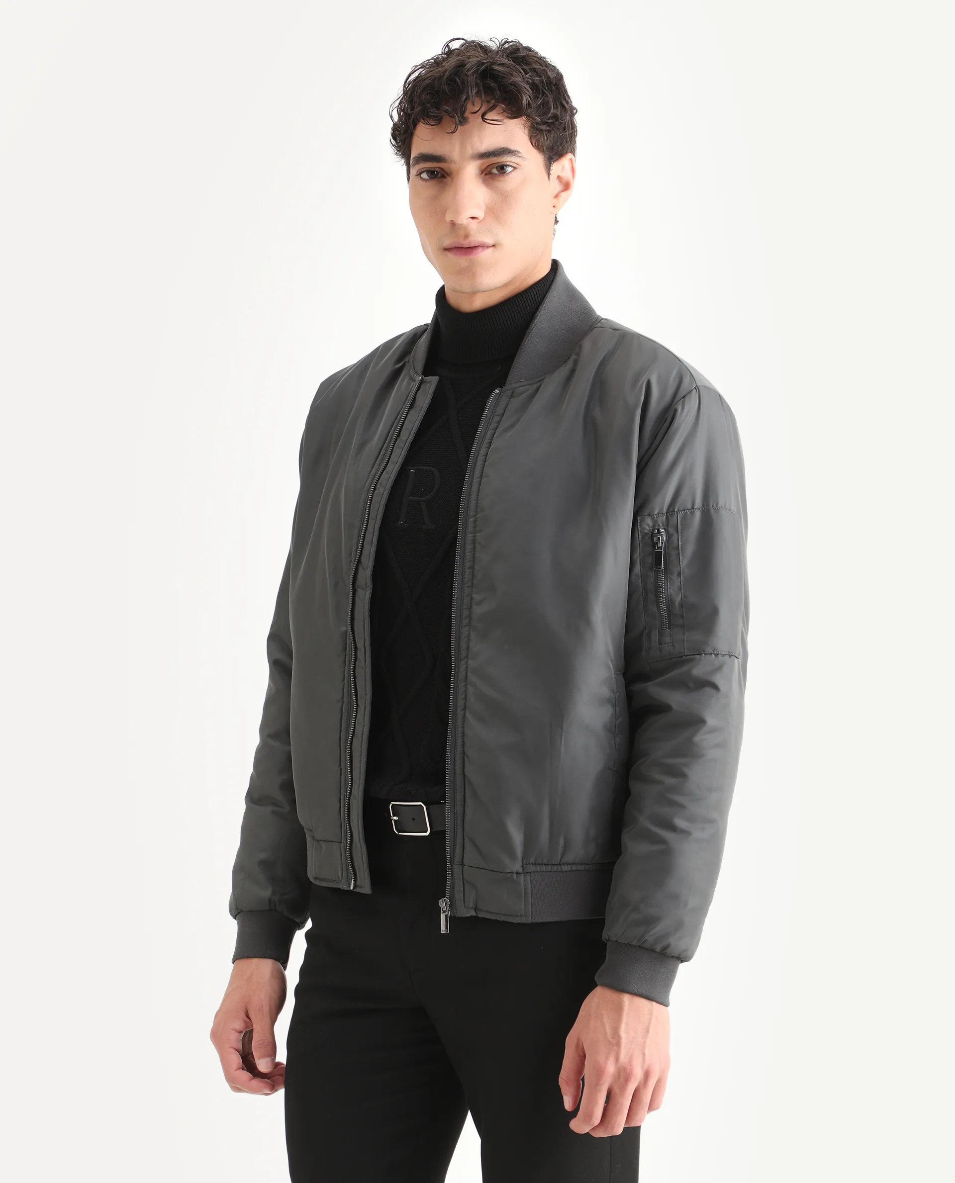 Rare Rabbit Men's Quoto Dark Grey Polyester Plain Regular Fit Full Sleeve Ribbed Collar Jacket - Image 4