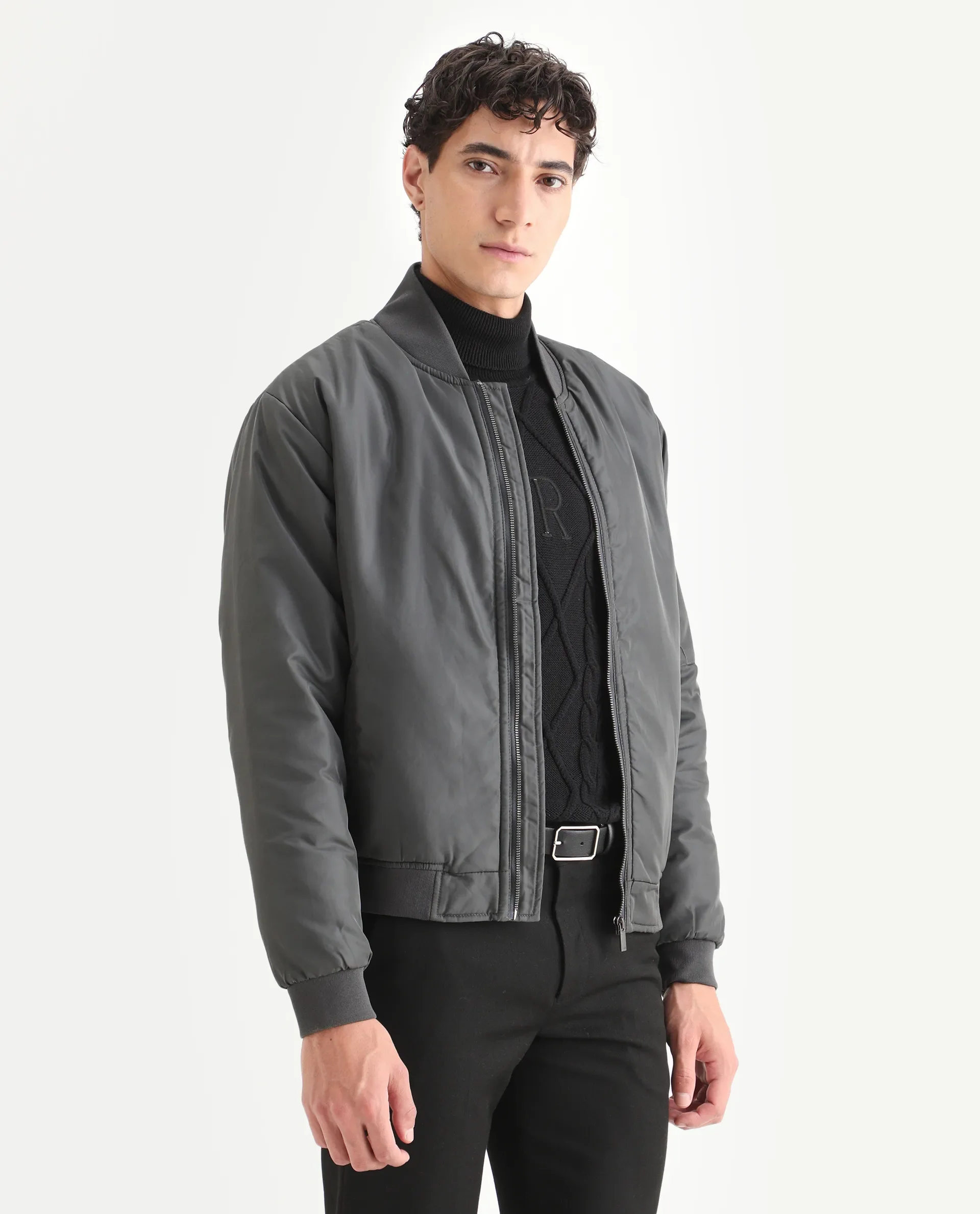 Rare Rabbit Men's Quoto Dark Grey Polyester Plain Regular Fit Full Sleeve Ribbed Collar Jacket - Image 5