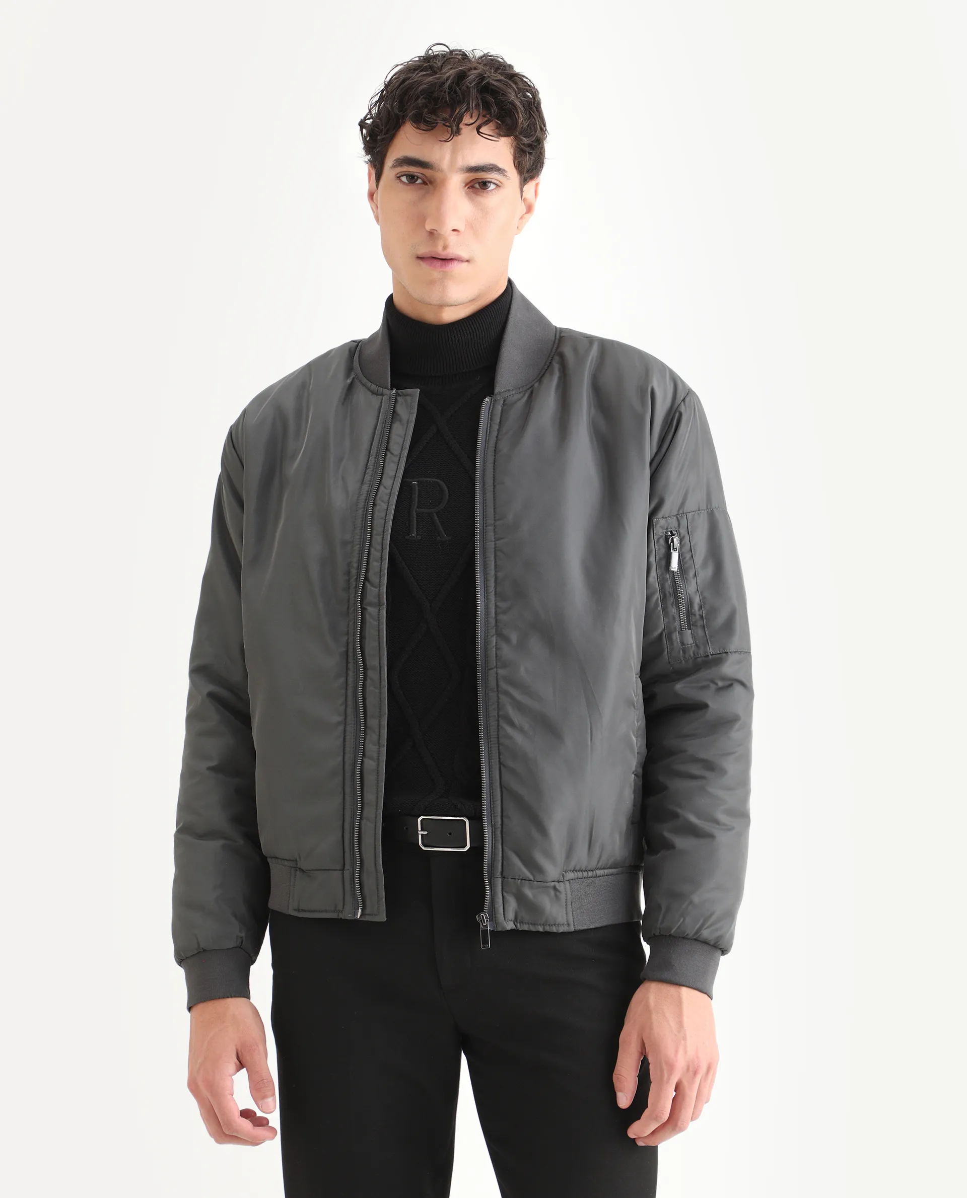 Rare Rabbit Men's Quoto Dark Grey Polyester Plain Regular Fit Full Sleeve Ribbed Collar Jacket - Image 6
