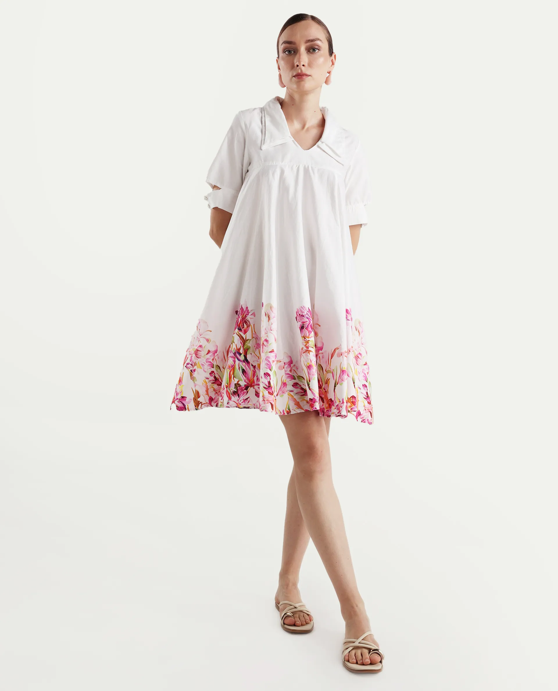Rareism Women's Qura Multi Cotton Blend Johnny Collar Floral Print Cutout Sleeve Knee Length Flared Dress