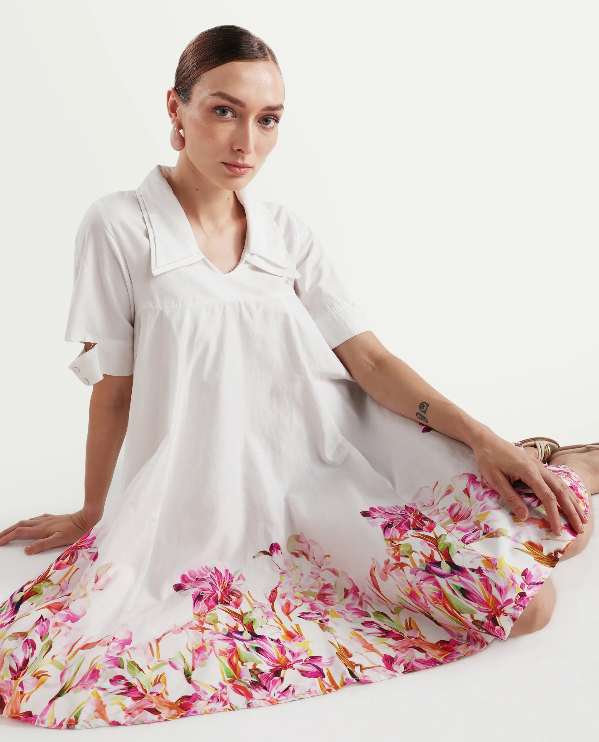 Rareism Women's Qura Multi Cotton Blend Johnny Collar Floral Print Cutout Sleeve Knee Length Flared Dress - Image 3