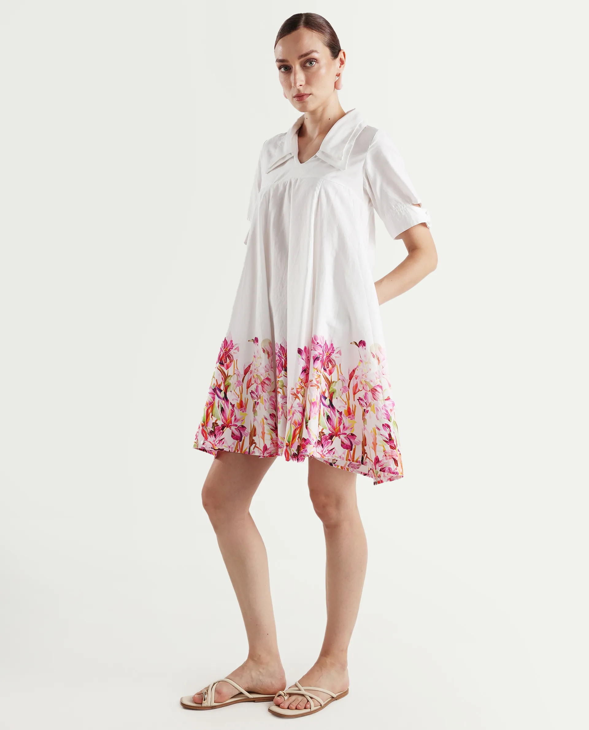 Rareism Women's Qura Multi Cotton Blend Johnny Collar Floral Print Cutout Sleeve Knee Length Flared Dress - Image 5