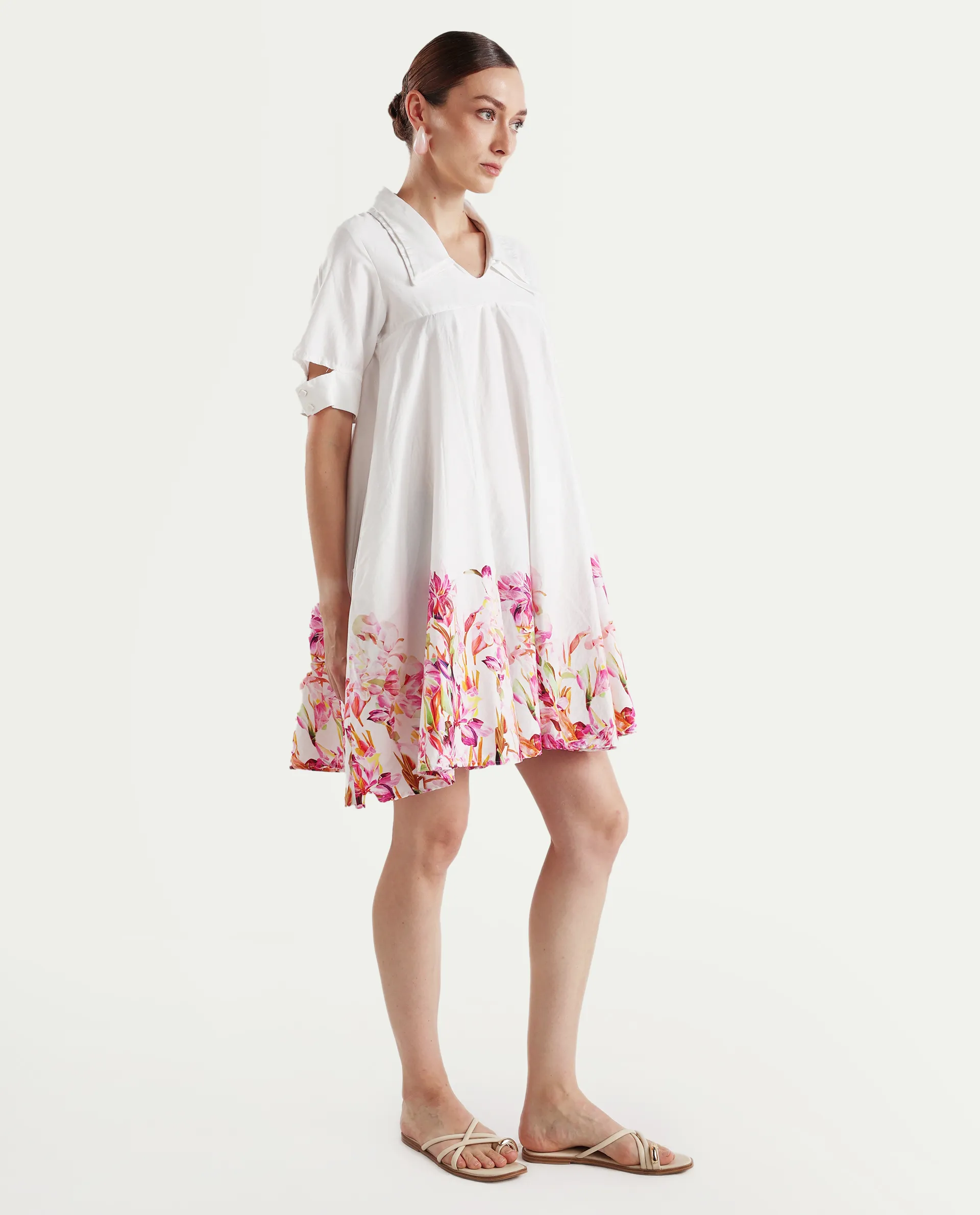 Rareism Women's Qura Multi Cotton Blend Johnny Collar Floral Print Cutout Sleeve Knee Length Flared Dress - Image 6