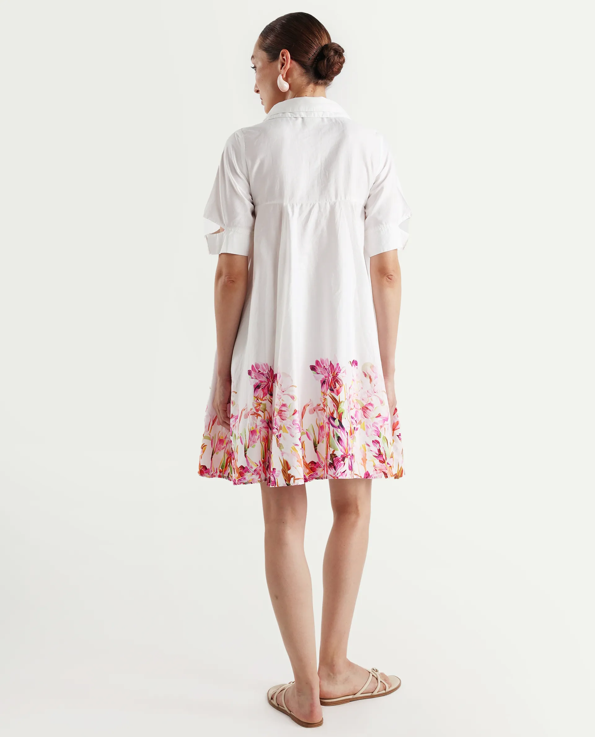 Rareism Women's Qura Multi Cotton Blend Johnny Collar Floral Print Cutout Sleeve Knee Length Flared Dress - Image 7