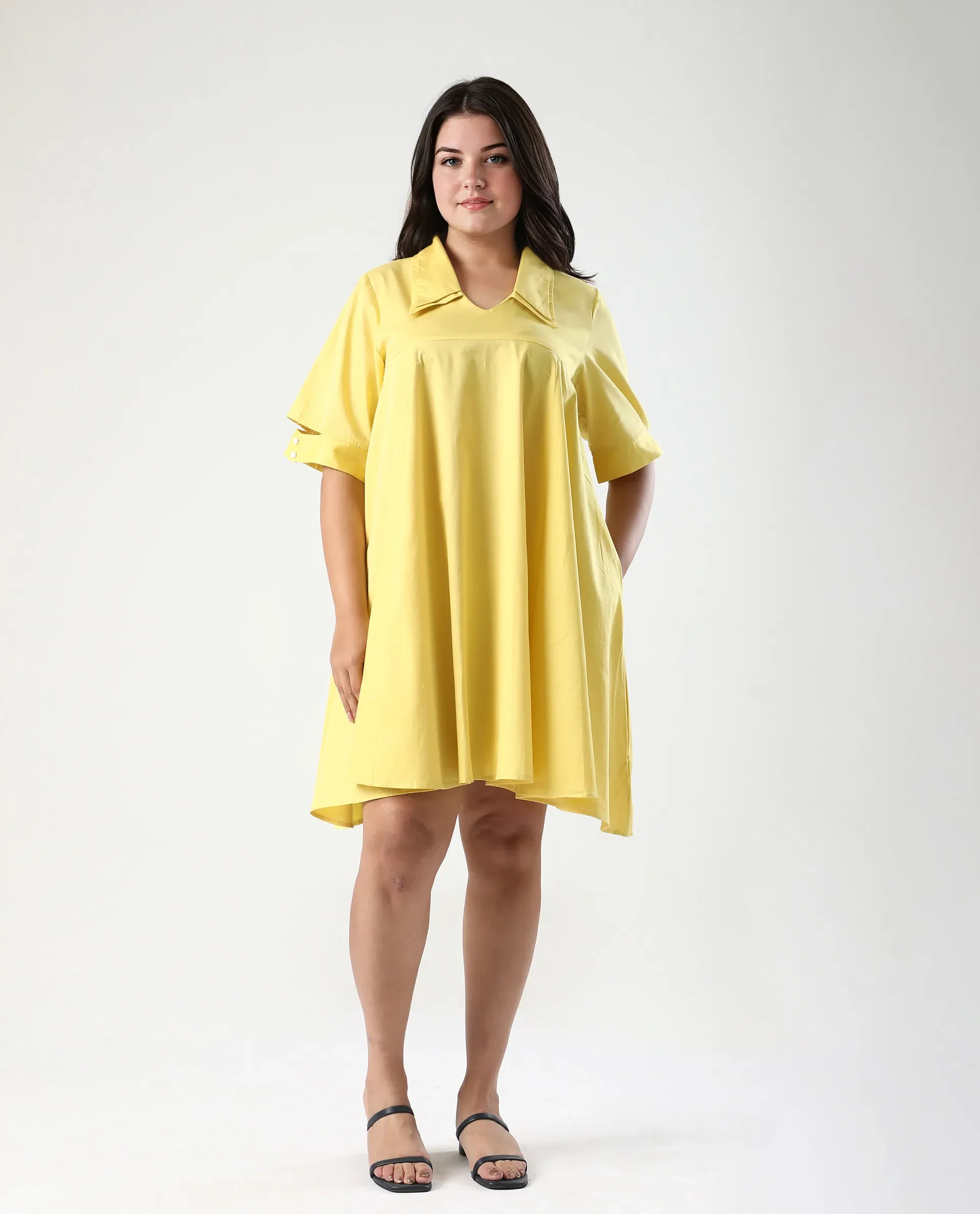 Rareism Women's Qurad Yellow Cotton Blend Johnny Collar Plain Cutout Sleeve Mini Flared Dress - Image 2