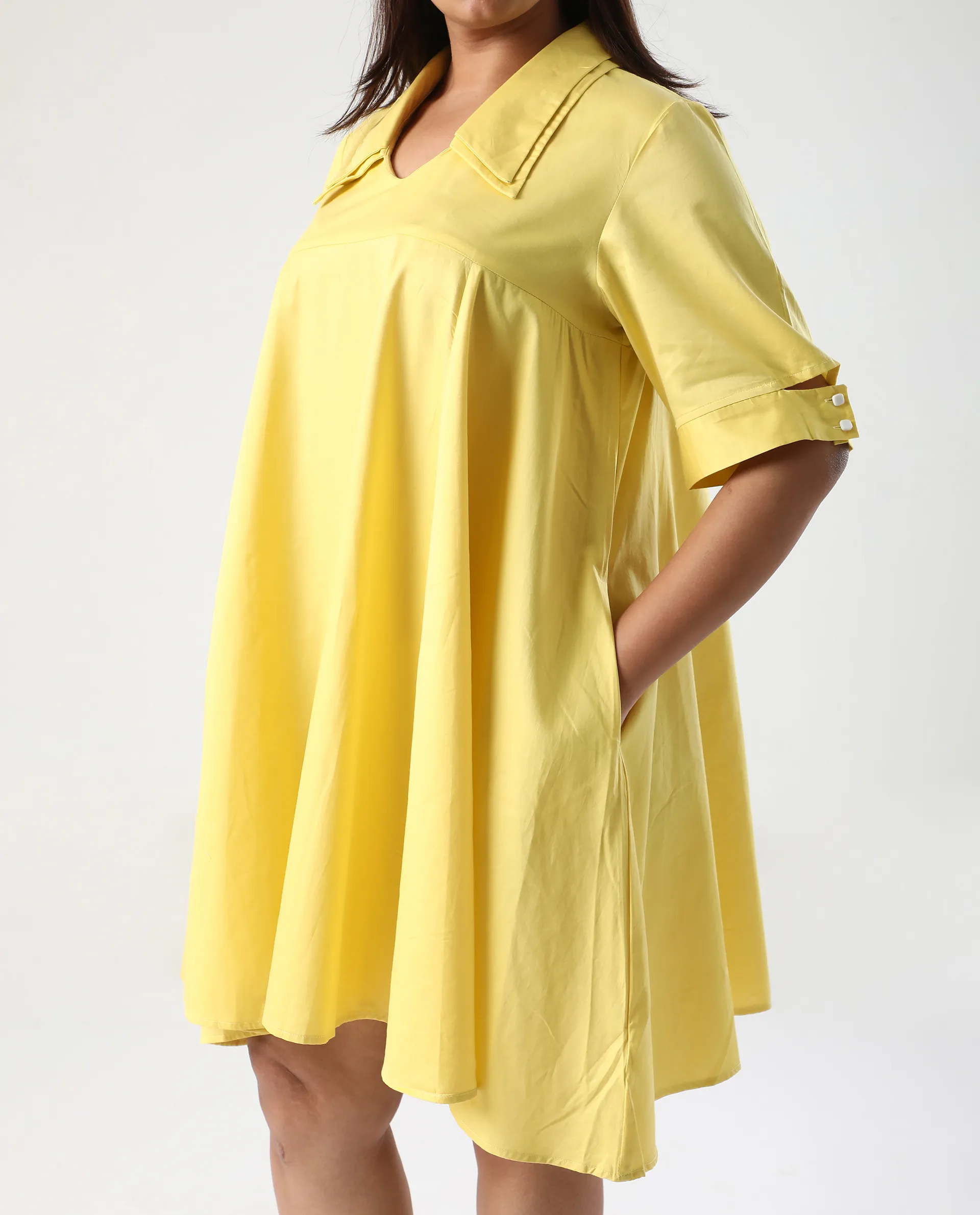 Rareism Women's Qurad Yellow Cotton Blend Johnny Collar Plain Cutout Sleeve Mini Flared Dress - Image 4